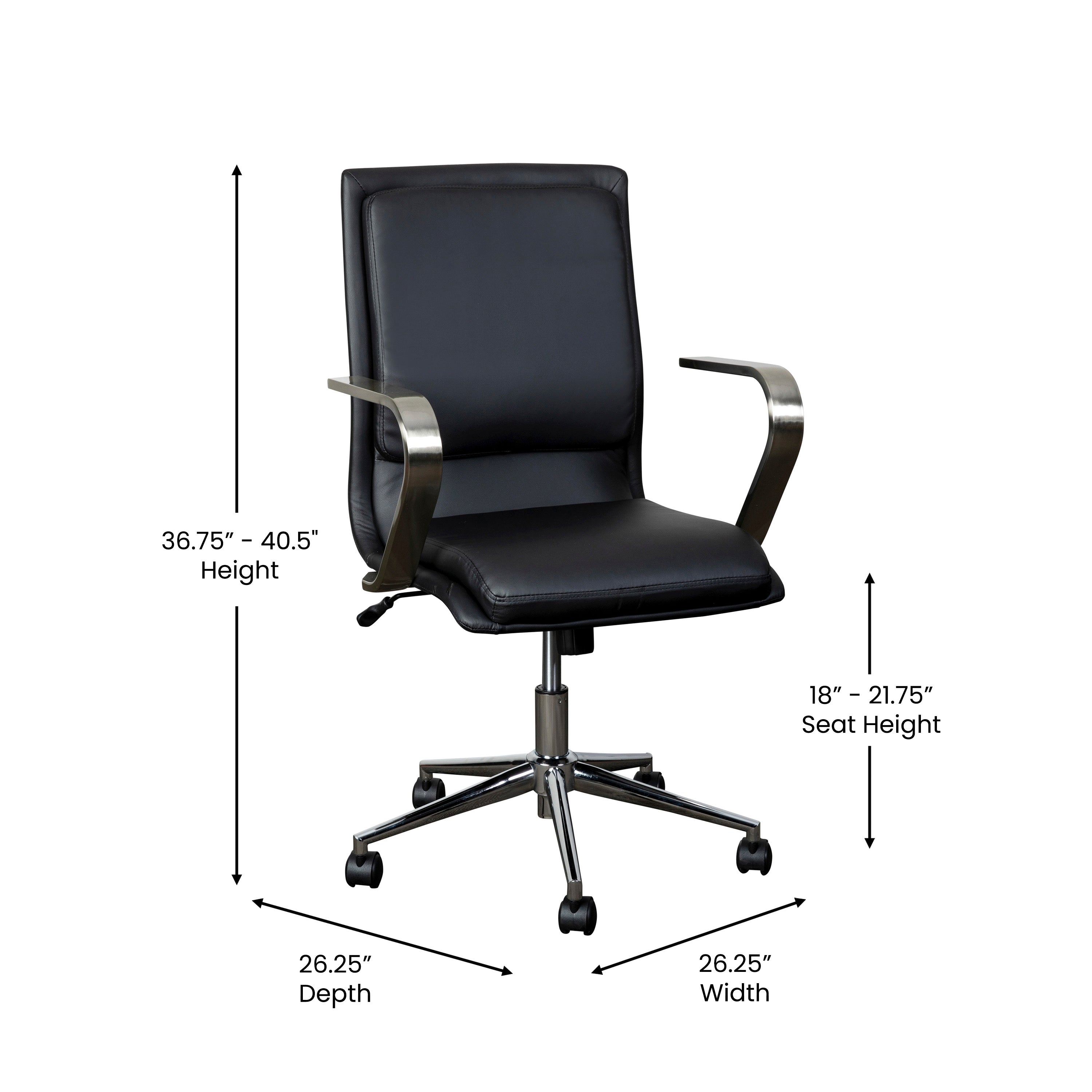 James Mid-Back Designer Executive LeatherSoft Office Chair with Brushed Chrome Base and Arms, Black