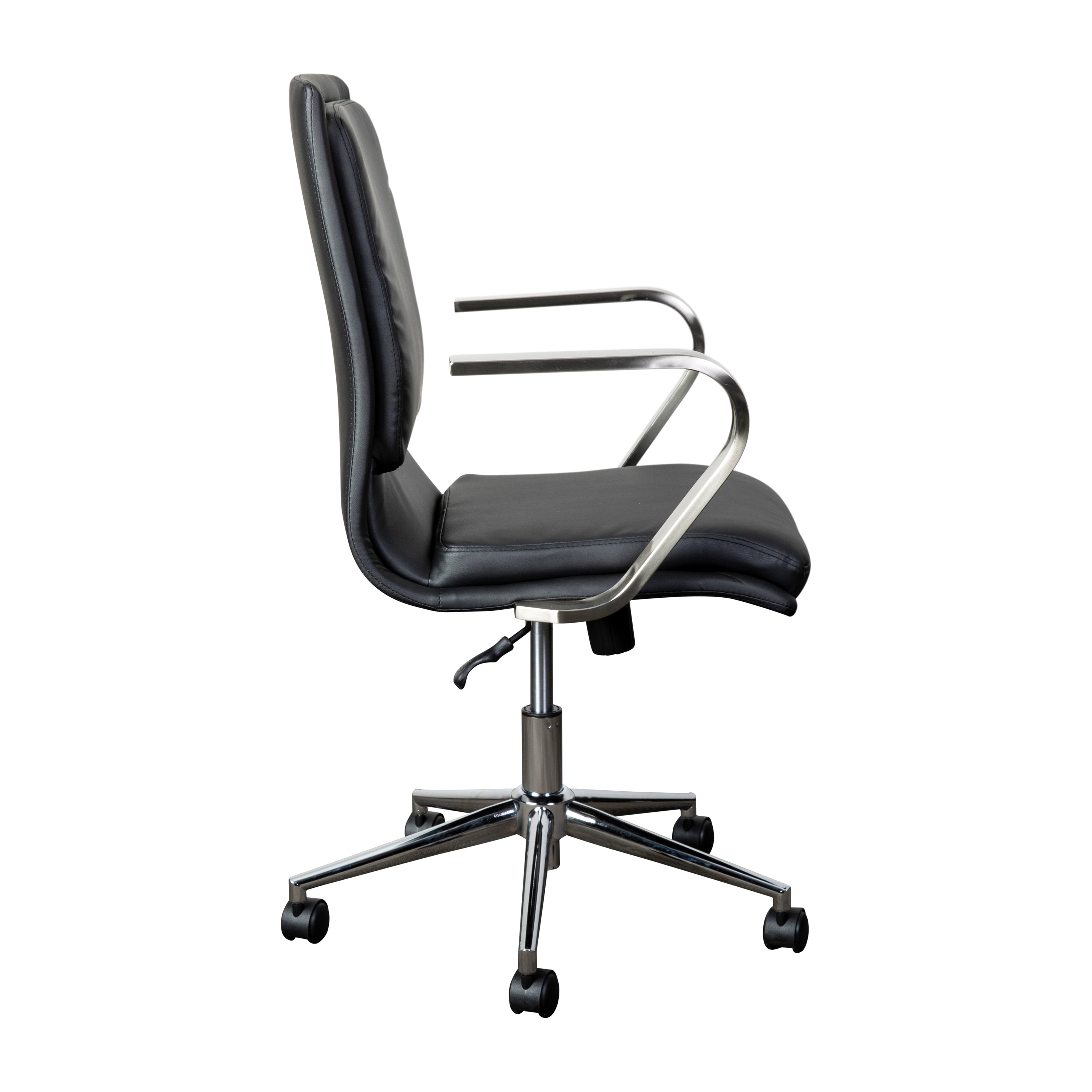 James Mid-Back Designer Executive LeatherSoft Office Chair with Brushed Chrome Base and Arms, Black