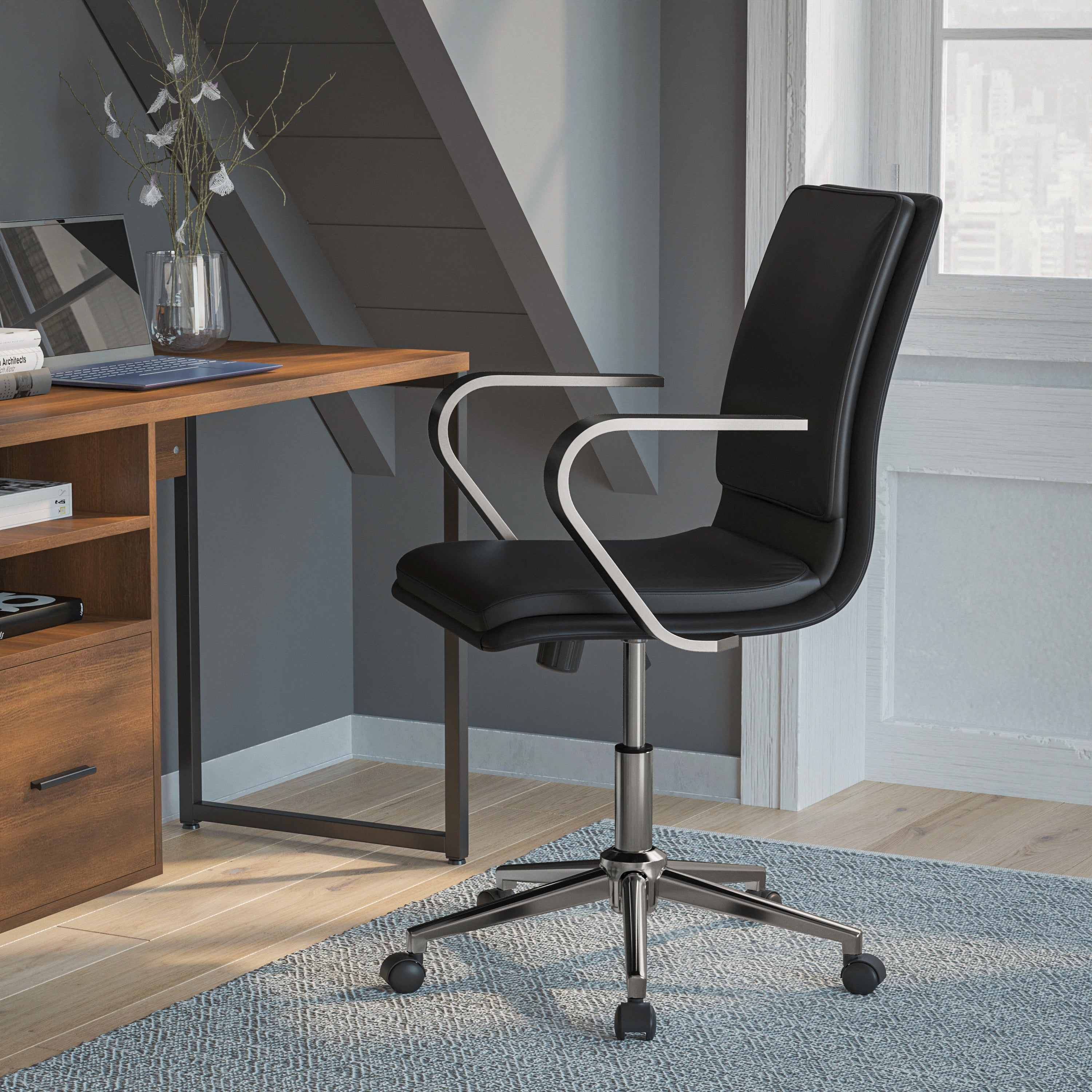 James Mid-Back Designer Executive LeatherSoft Office Chair with Brushed Chrome Base and Arms, Black