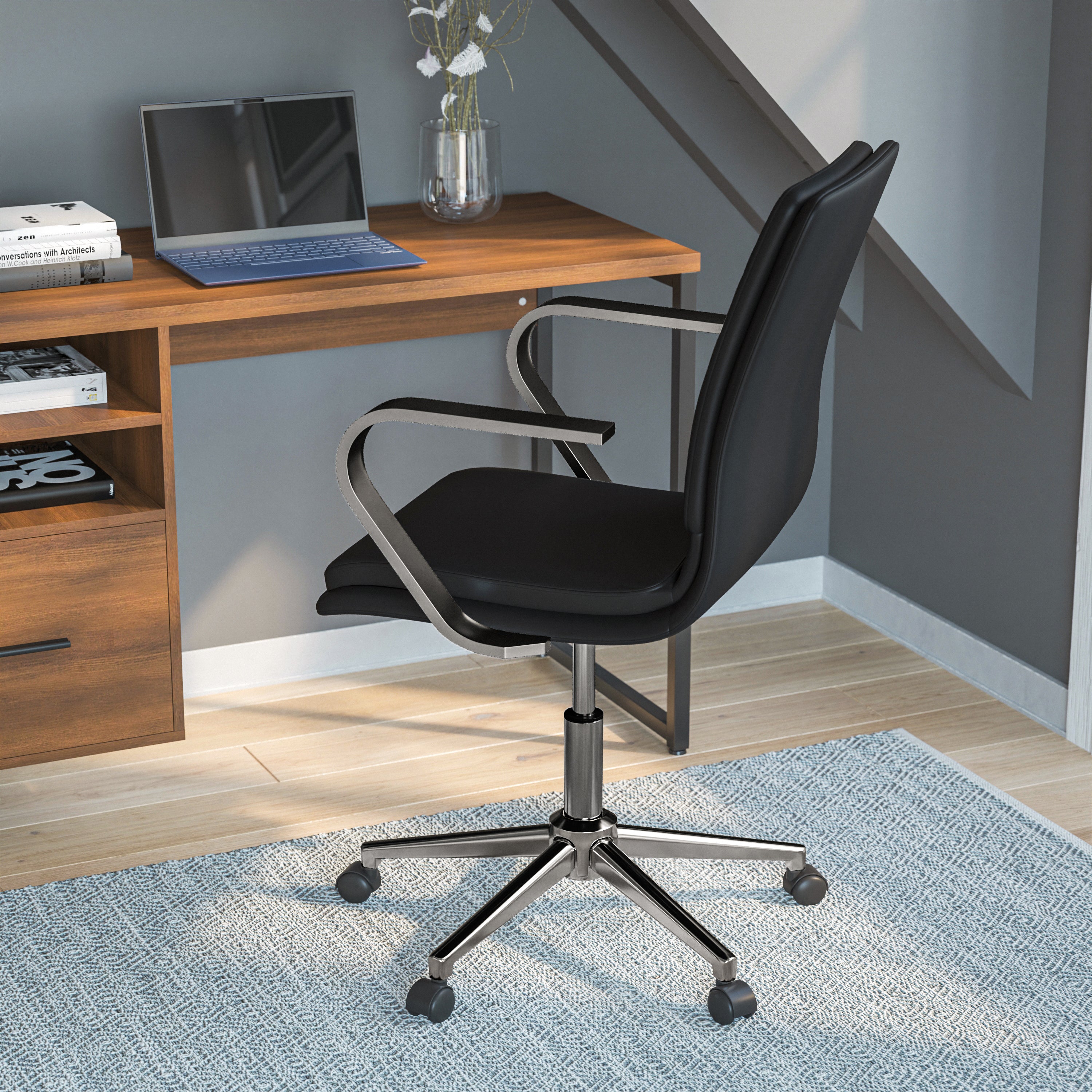 James Mid-Back Designer Executive LeatherSoft Office Chair with Brushed Chrome Base and Arms, Black