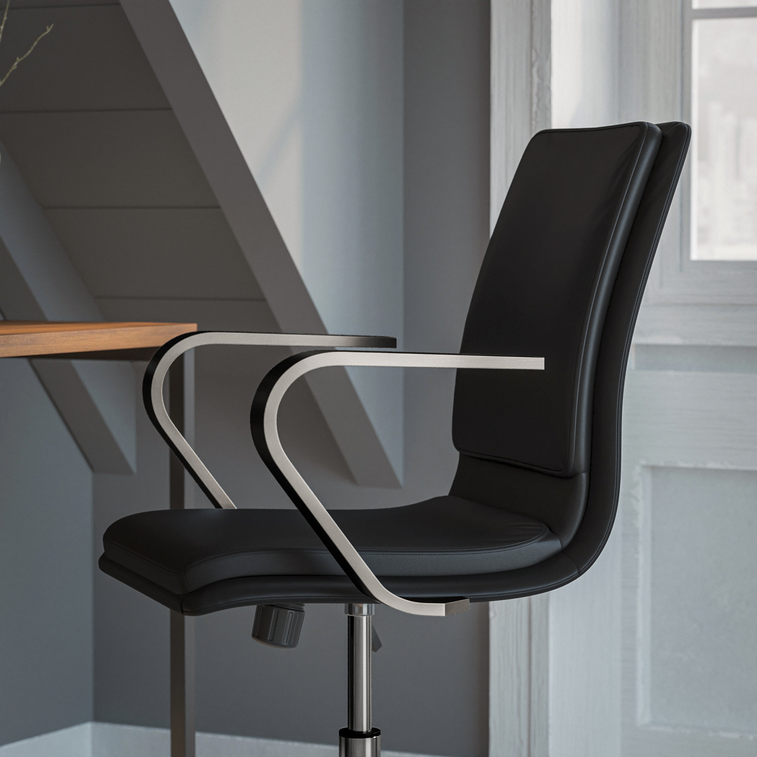 James Mid-Back Designer Executive LeatherSoft Office Chair with Brushed Chrome Base and Arms, Black