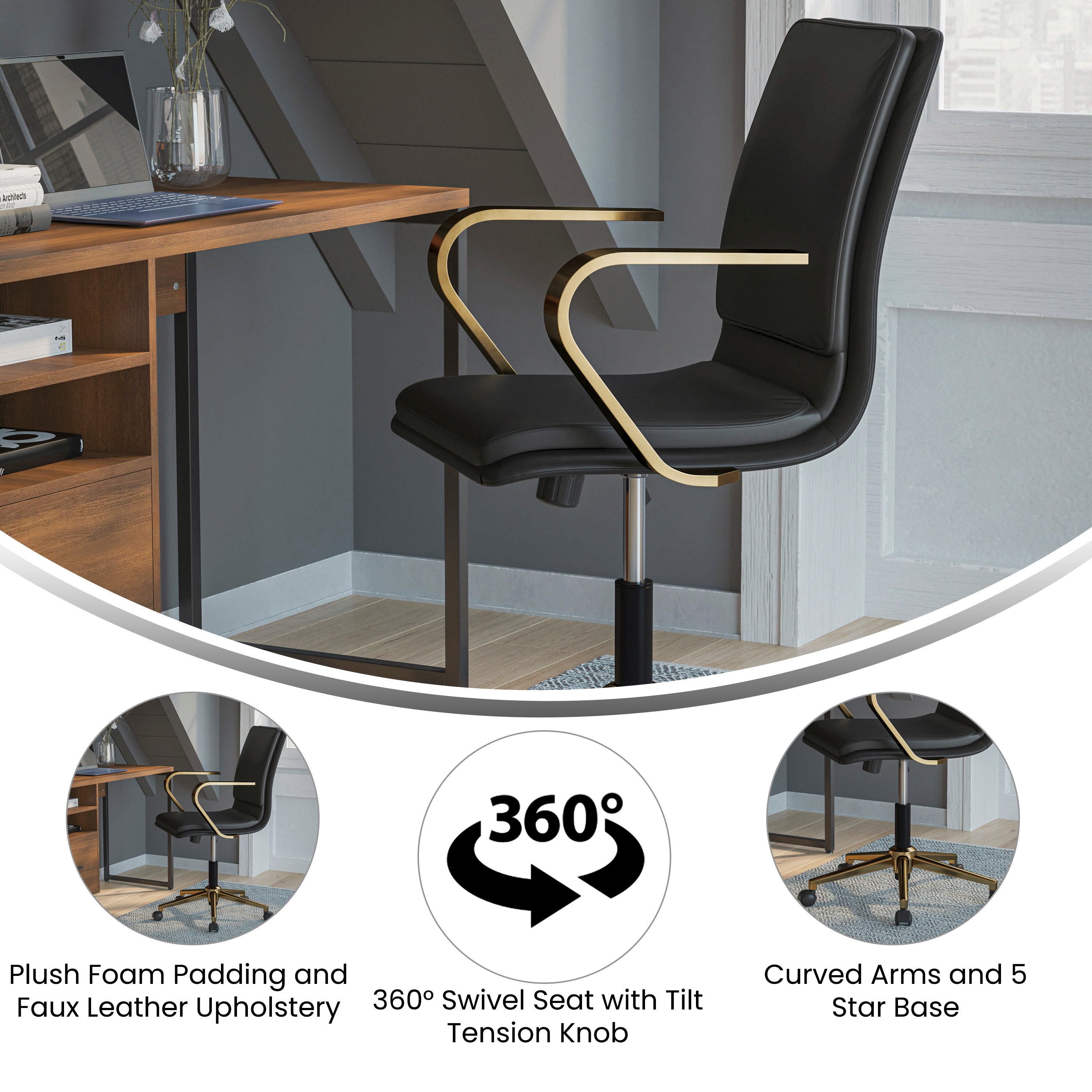 James Mid-Back Designer Executive LeatherSoft Office Chair with Brushed Gold Base and Arms, Black