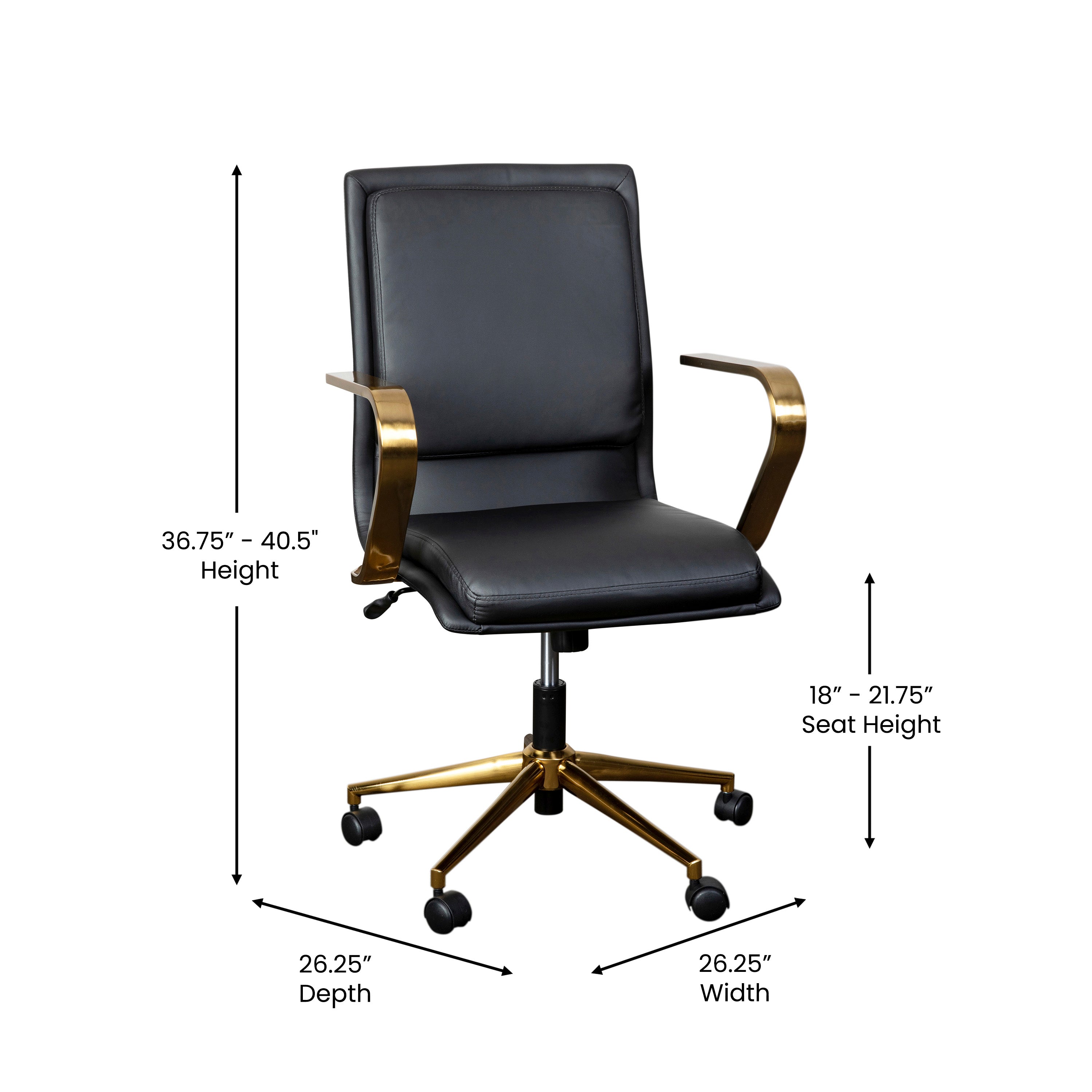 James Mid-Back Designer Executive LeatherSoft Office Chair with Brushed Gold Base and Arms, Black