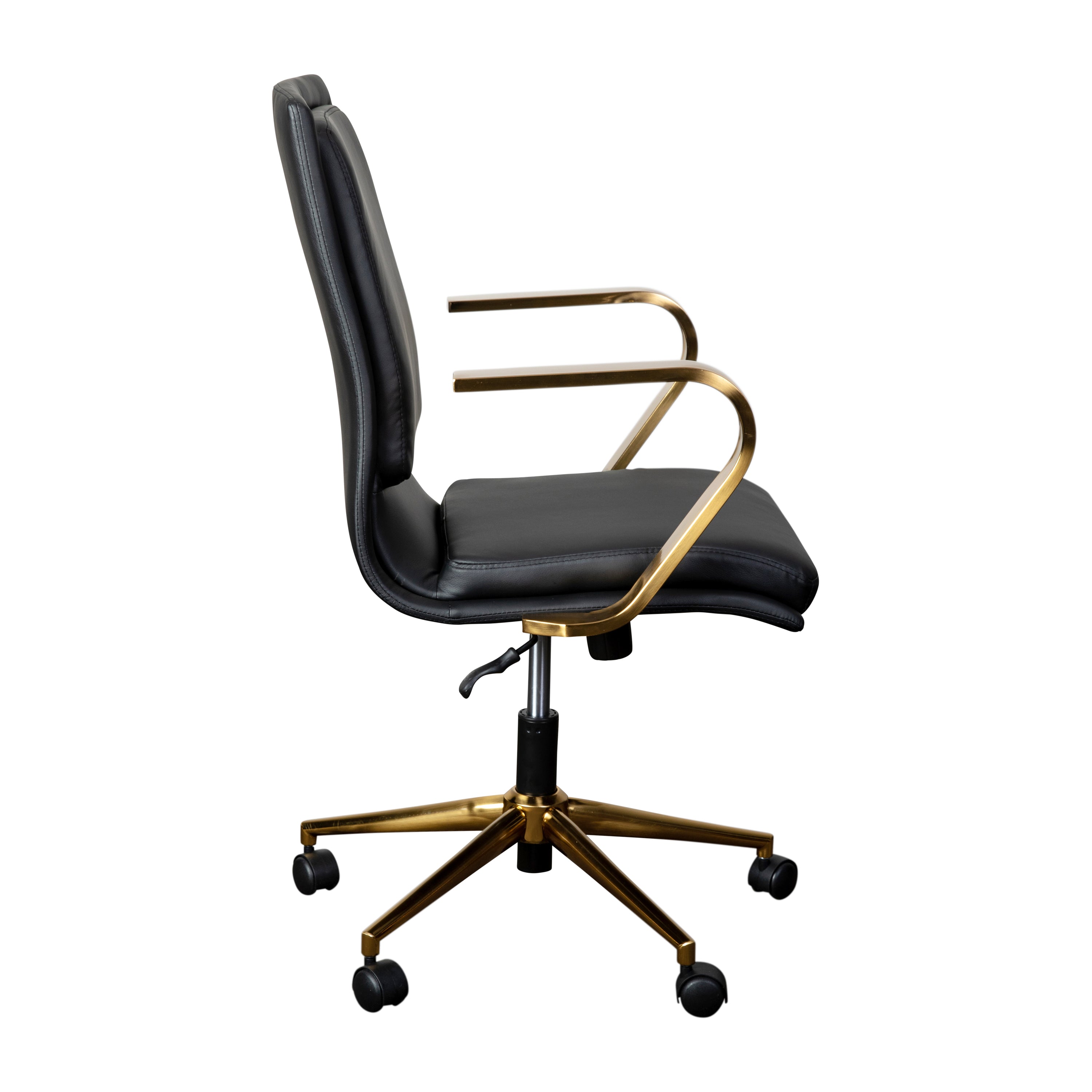 James Mid-Back Designer Executive LeatherSoft Office Chair with Brushed Gold Base and Arms, Black