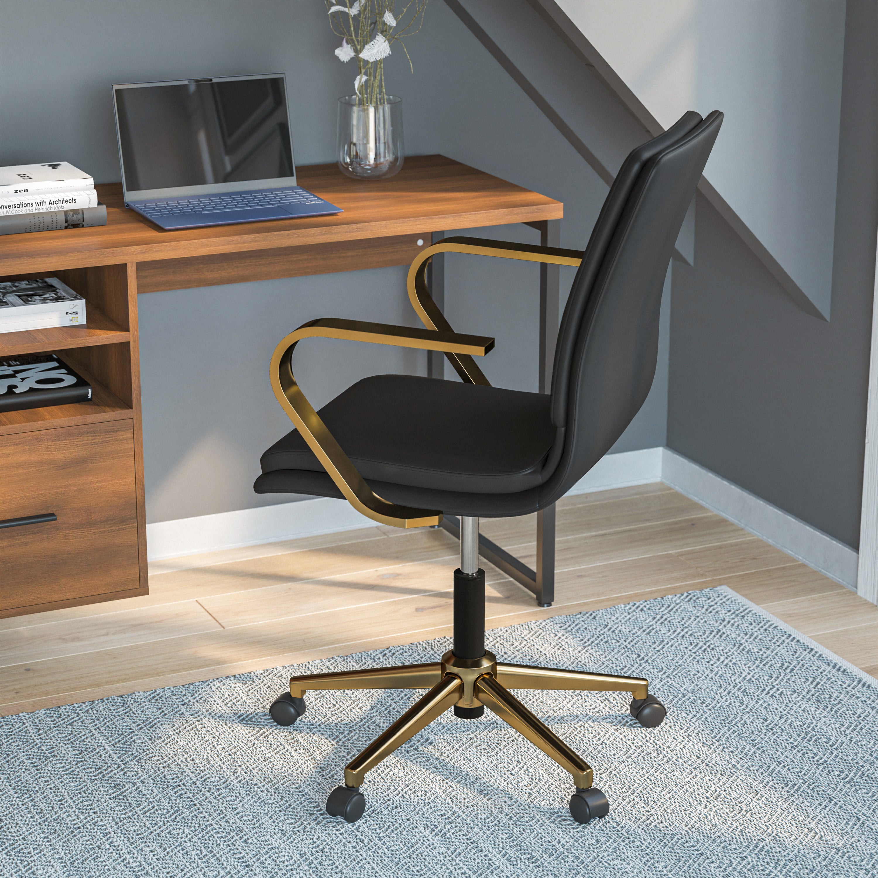 James Mid-Back Designer Executive LeatherSoft Office Chair with Brushed Gold Base and Arms, Black