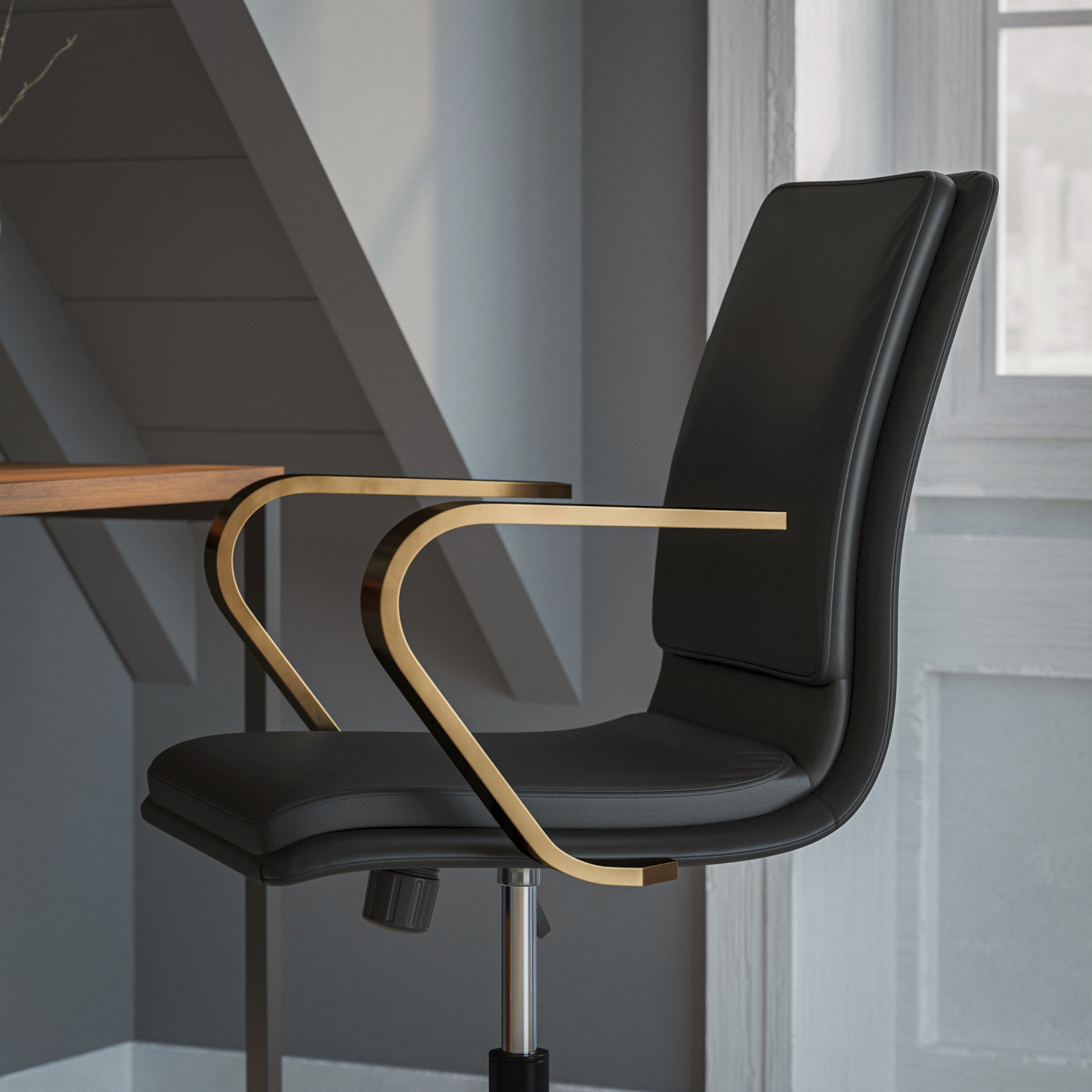 James Mid-Back Designer Executive LeatherSoft Office Chair with Brushed Gold Base and Arms, Black