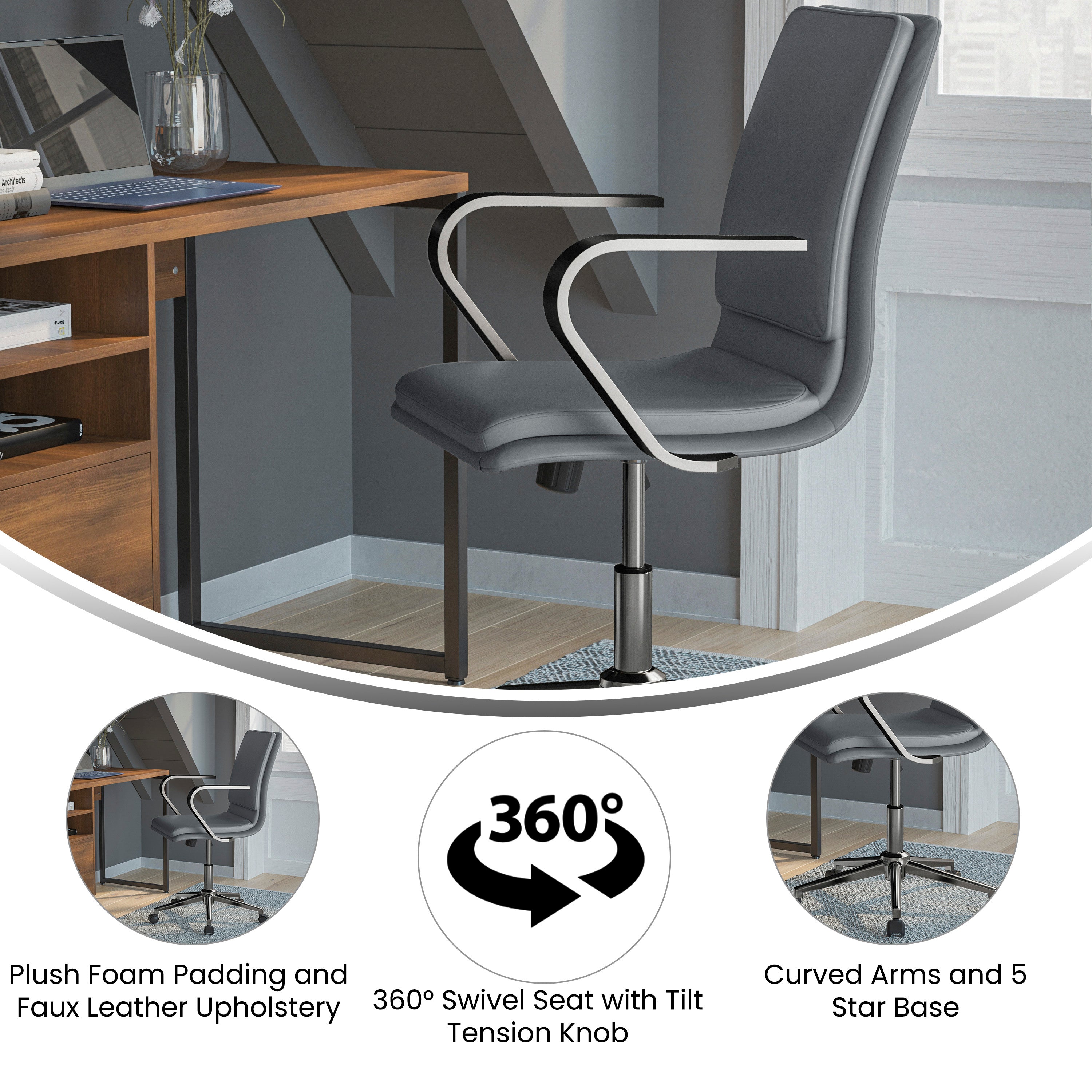 James Mid-Back Designer Executive LeatherSoft Office Chair with Brushed Chrome Base and Arms, Gray