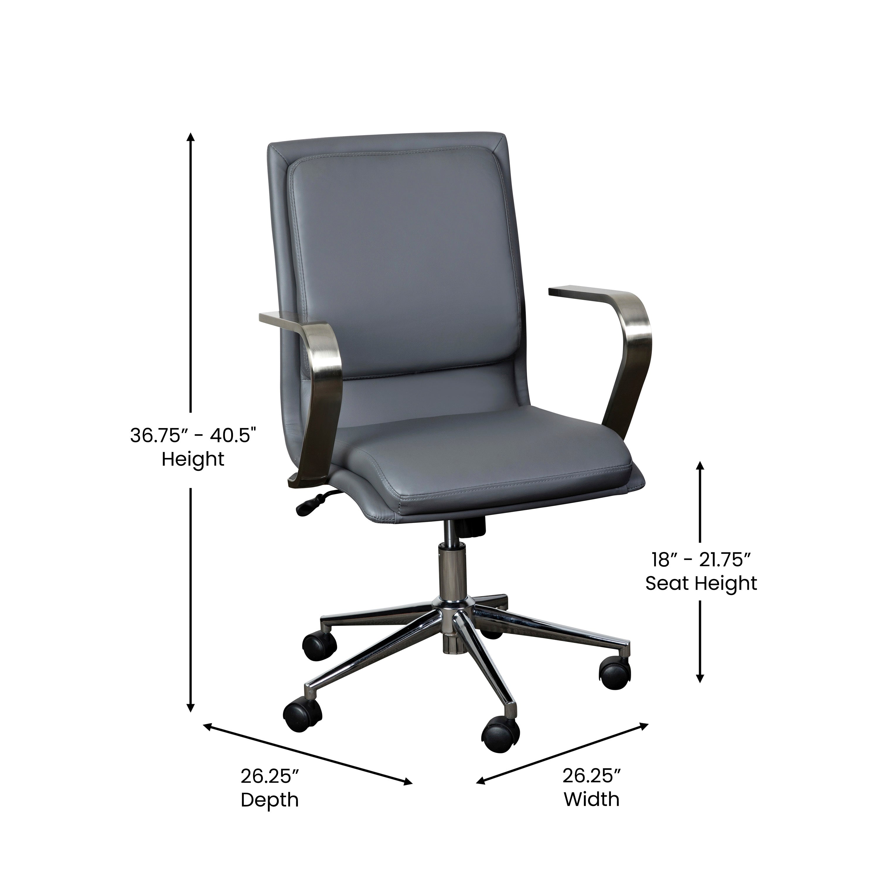James Mid-Back Designer Executive LeatherSoft Office Chair with Brushed Chrome Base and Arms, Gray