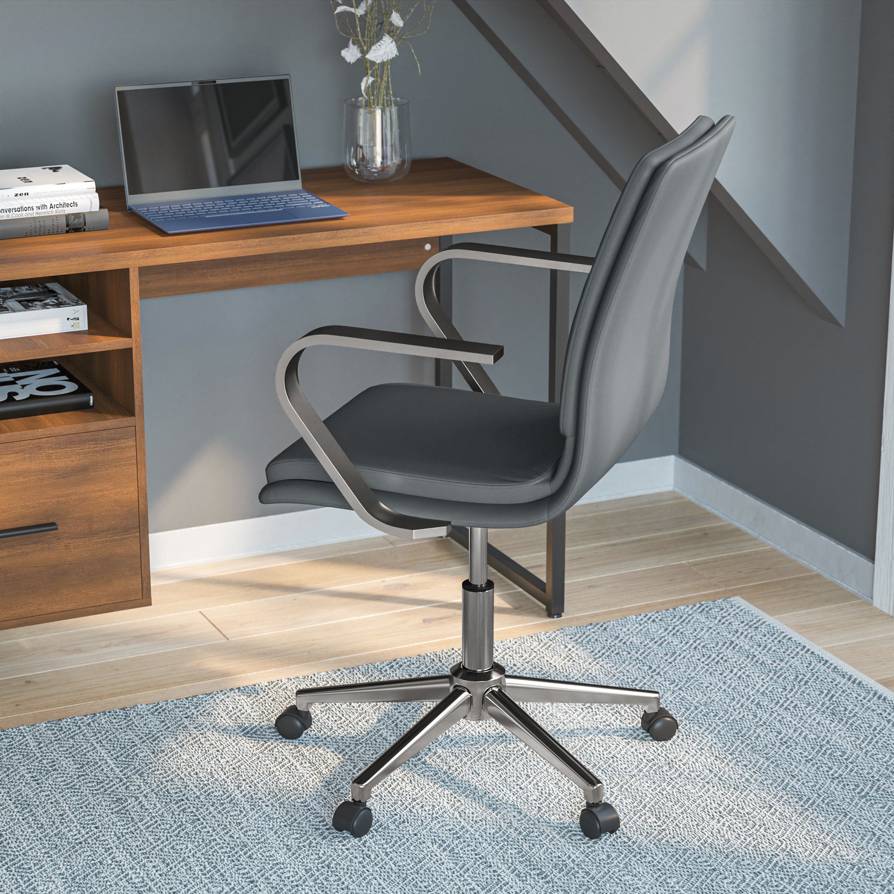 James Mid-Back Designer Executive LeatherSoft Office Chair with Brushed Chrome Base and Arms, Gray