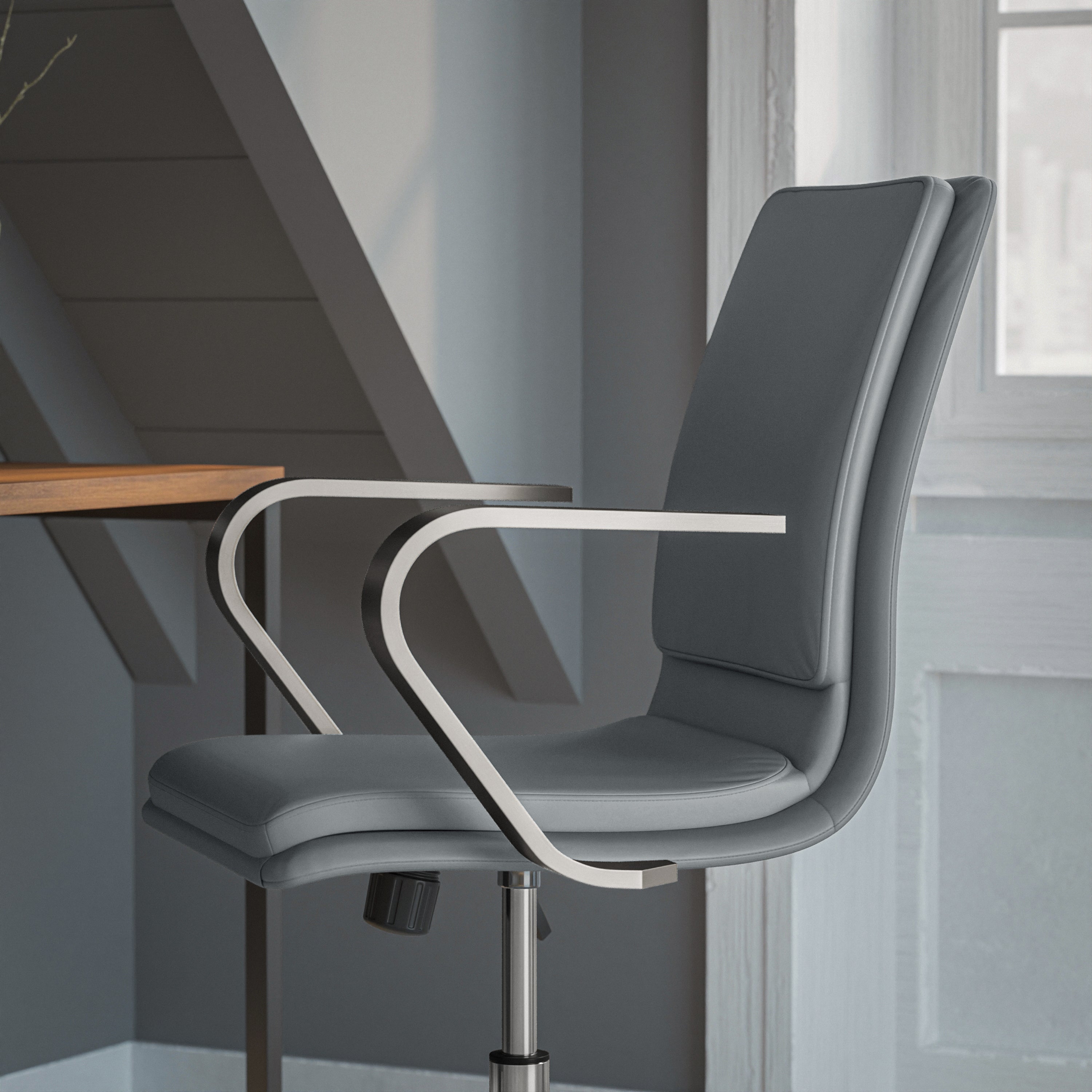 James Mid-Back Designer Executive LeatherSoft Office Chair with Brushed Chrome Base and Arms, Gray