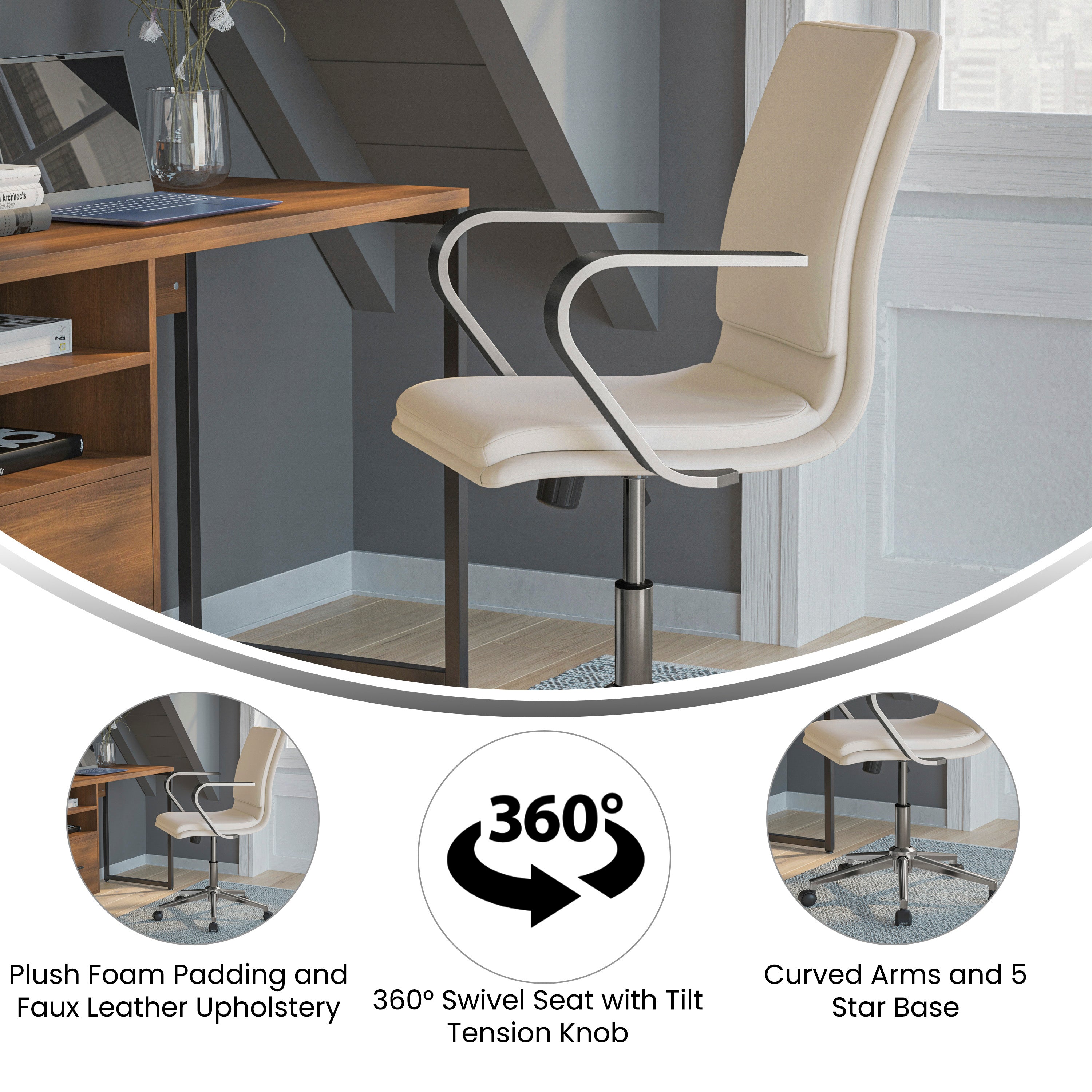 James Mid-Back Designer Executive LeatherSoft Office Chair with Brushed Chrome Base and Arms, Taupe