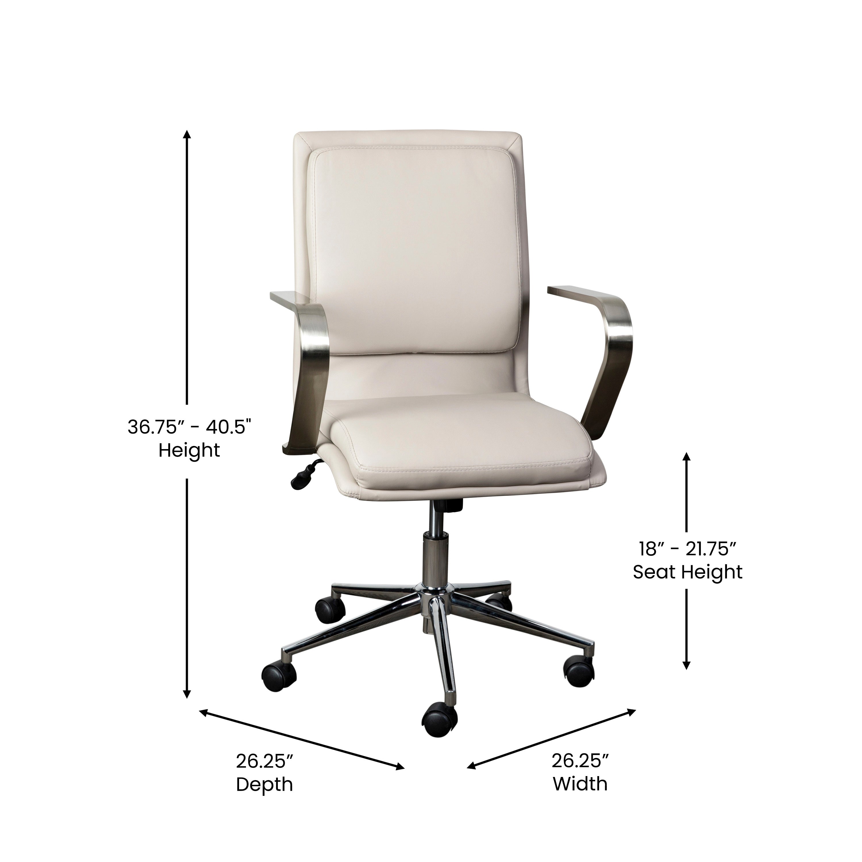James Mid-Back Designer Executive LeatherSoft Office Chair with Brushed Chrome Base and Arms, Taupe