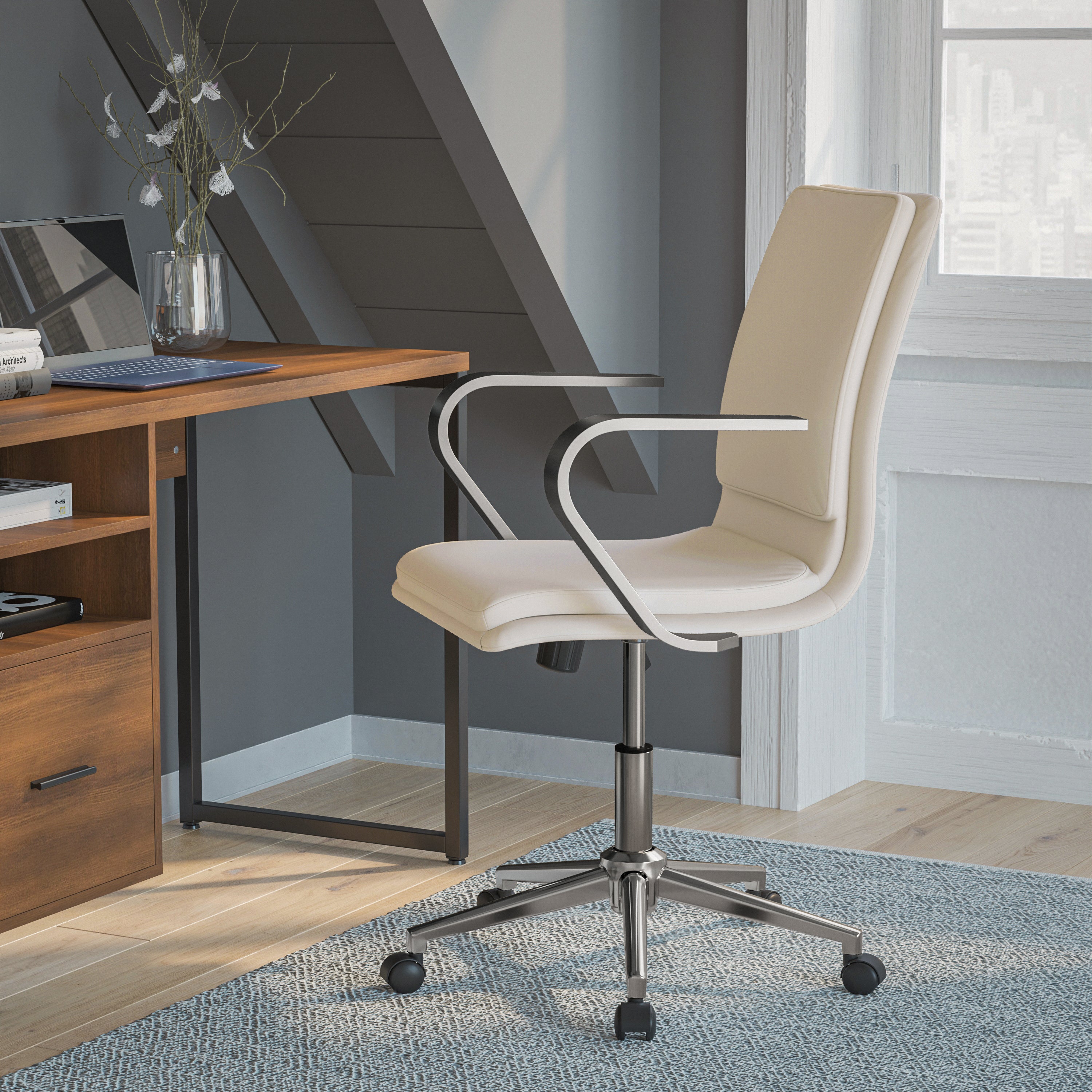 James Mid-Back Designer Executive LeatherSoft Office Chair with Brushed Chrome Base and Arms, Taupe