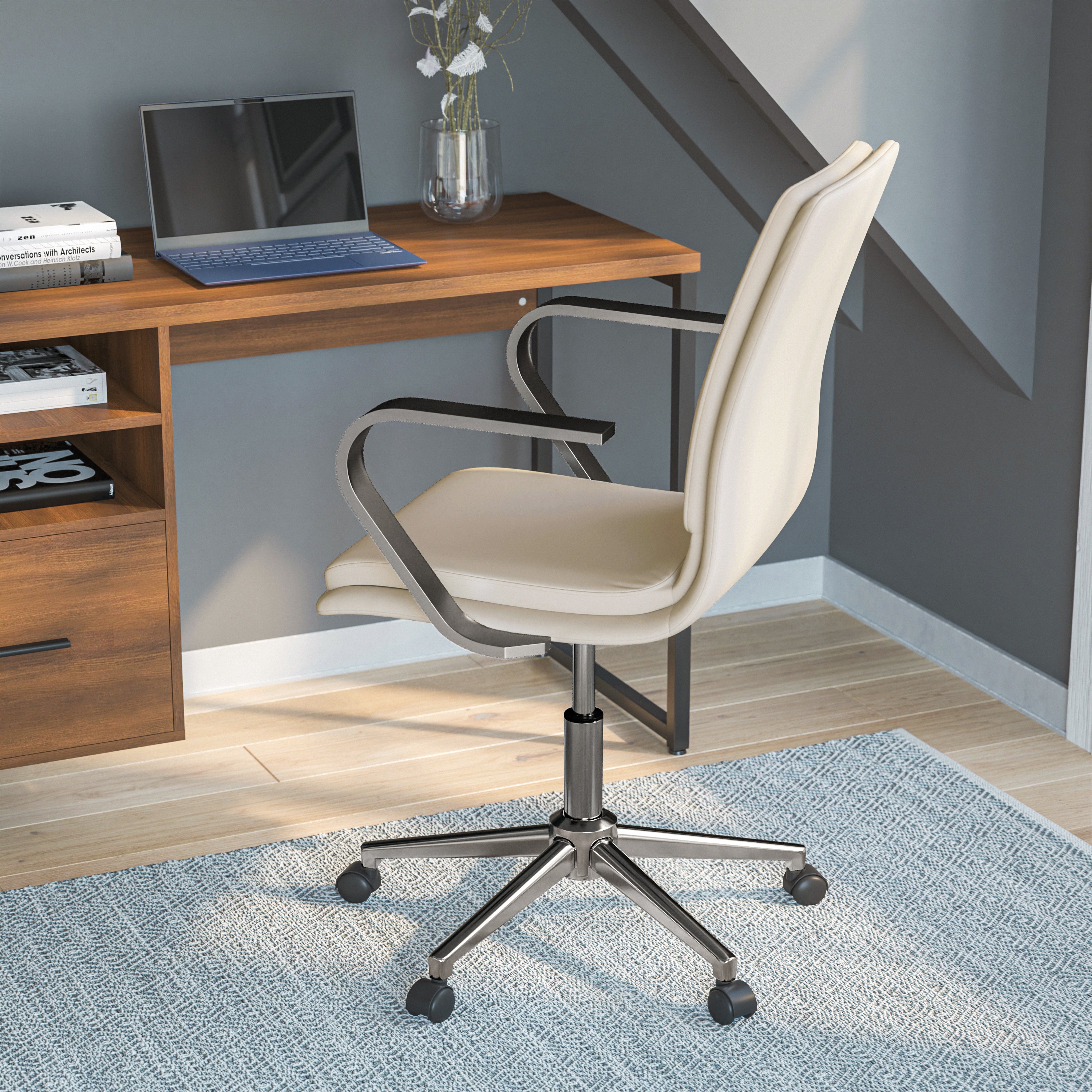 James Mid-Back Designer Executive LeatherSoft Office Chair with Brushed Chrome Base and Arms, Taupe