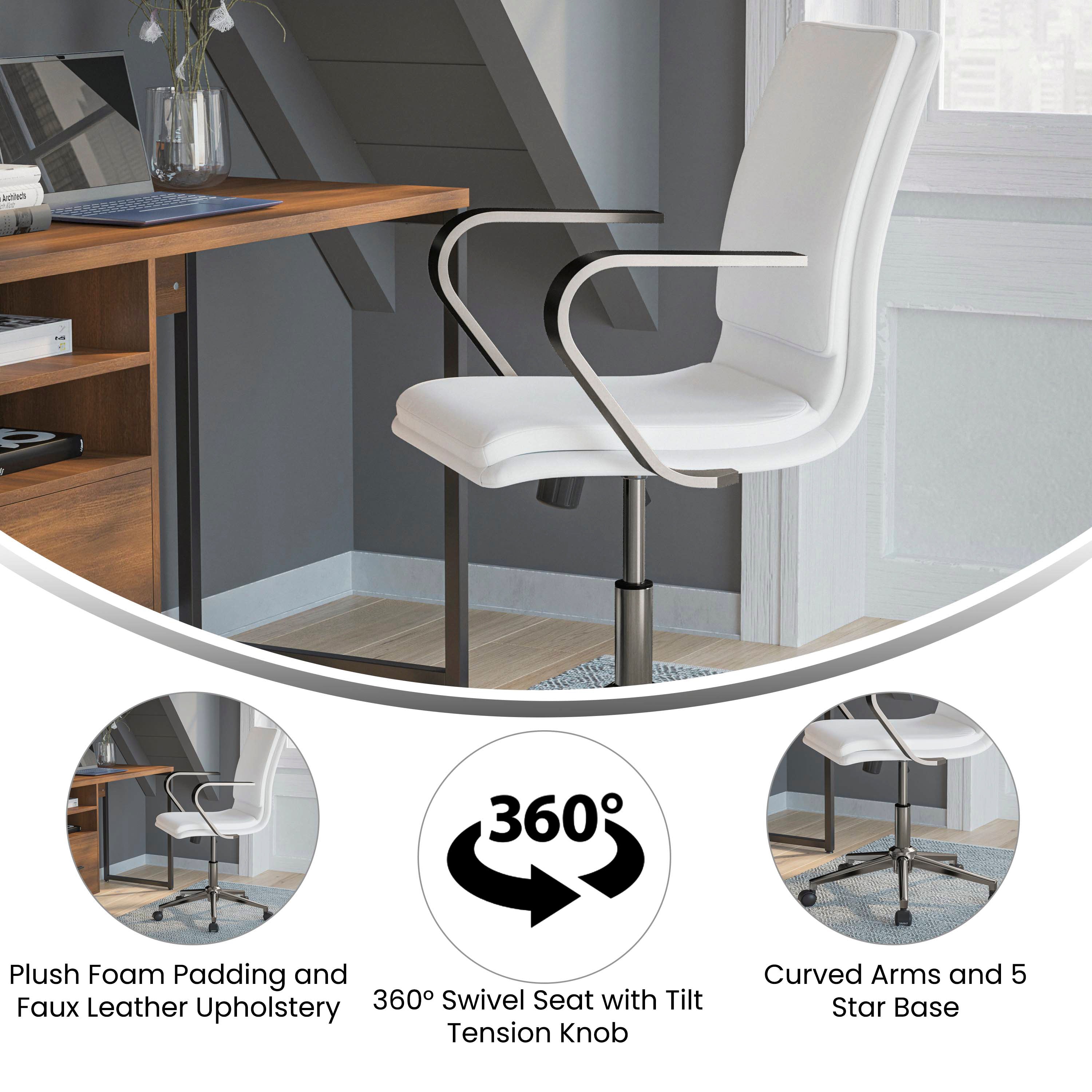 James Mid-Back Designer Executive LeatherSoft Office Chair with Brushed Chrome Base and Arms, White
