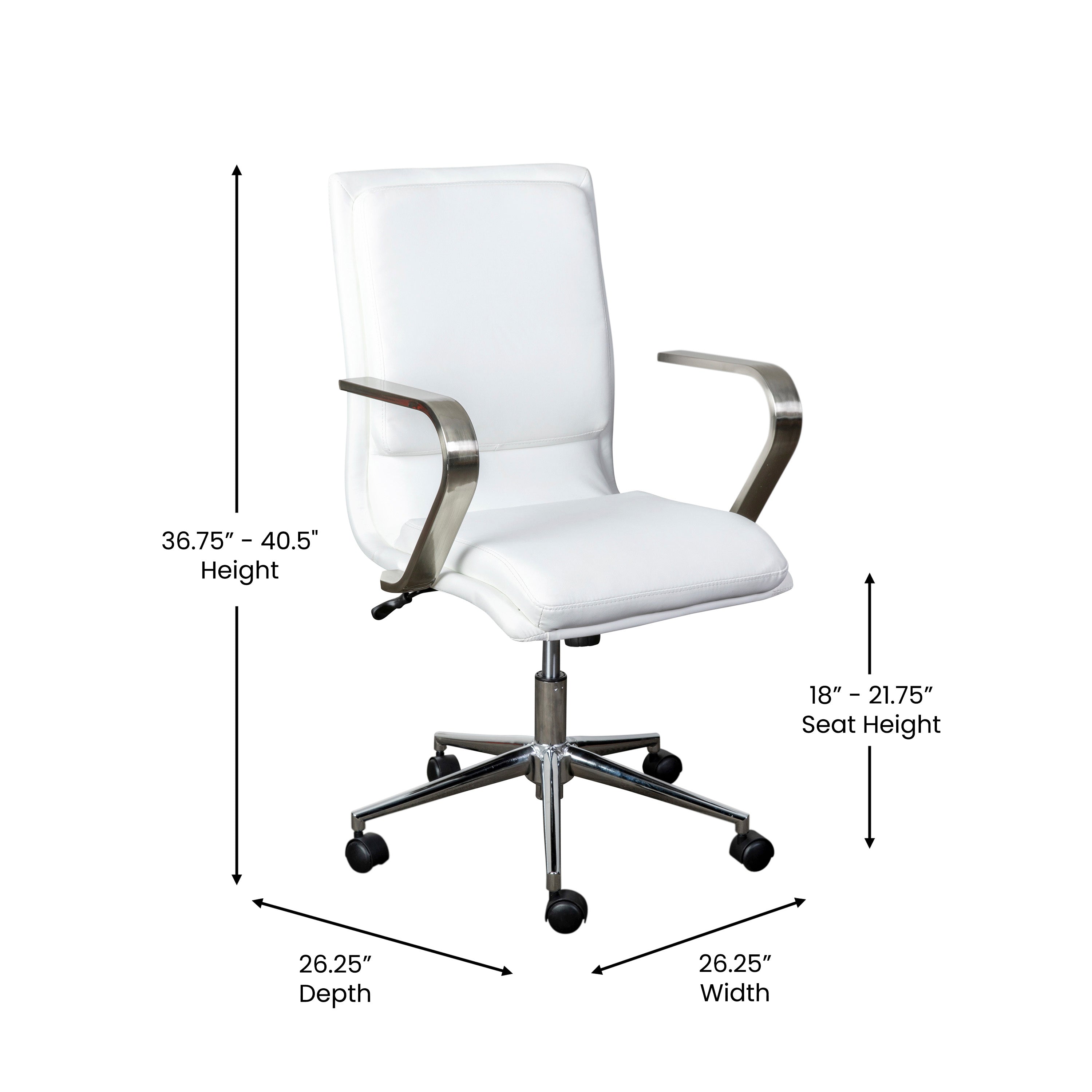 James Mid-Back Designer Executive LeatherSoft Office Chair with Brushed Chrome Base and Arms, White