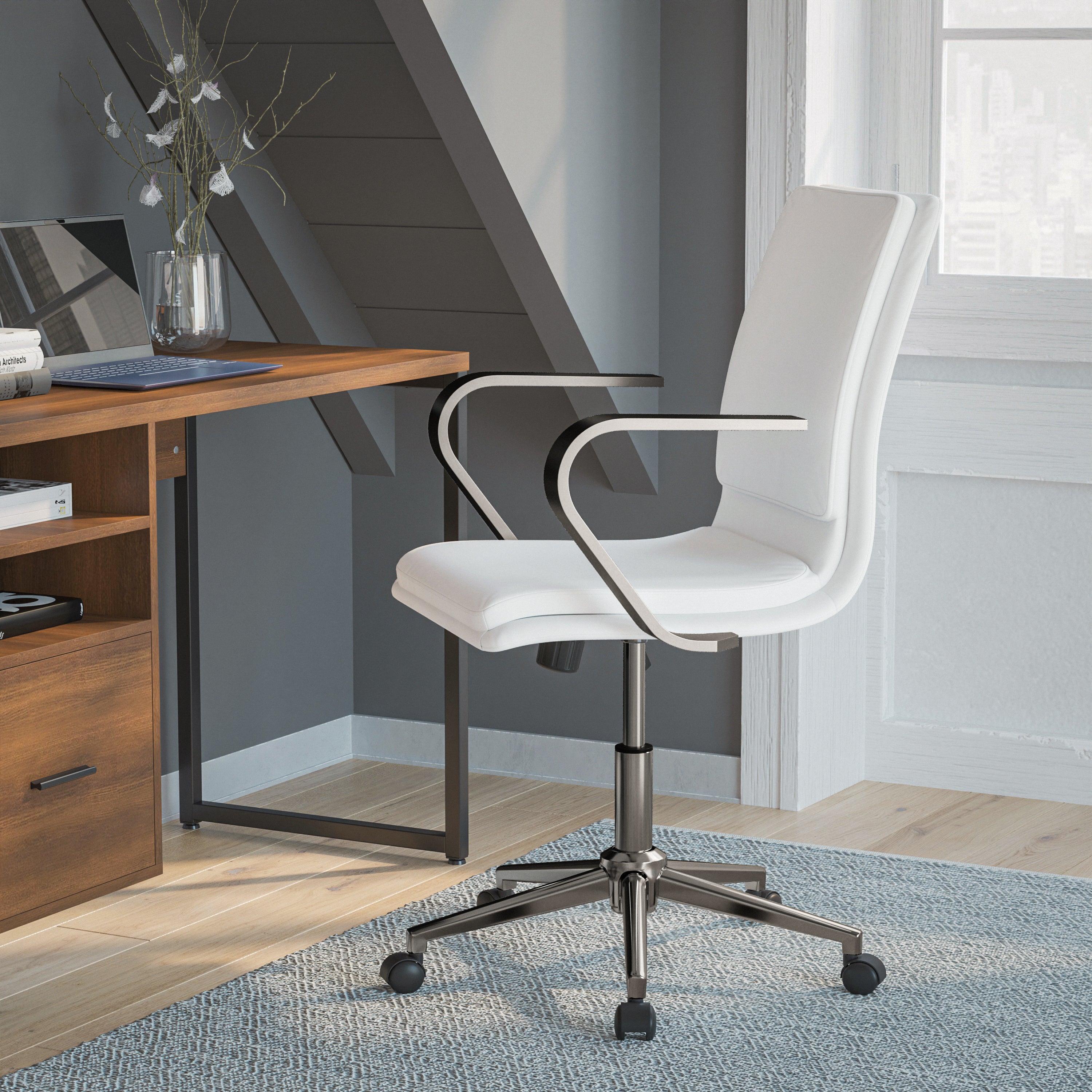 James Mid-Back Designer Executive LeatherSoft Office Chair with Brushed Chrome Base and Arms, White