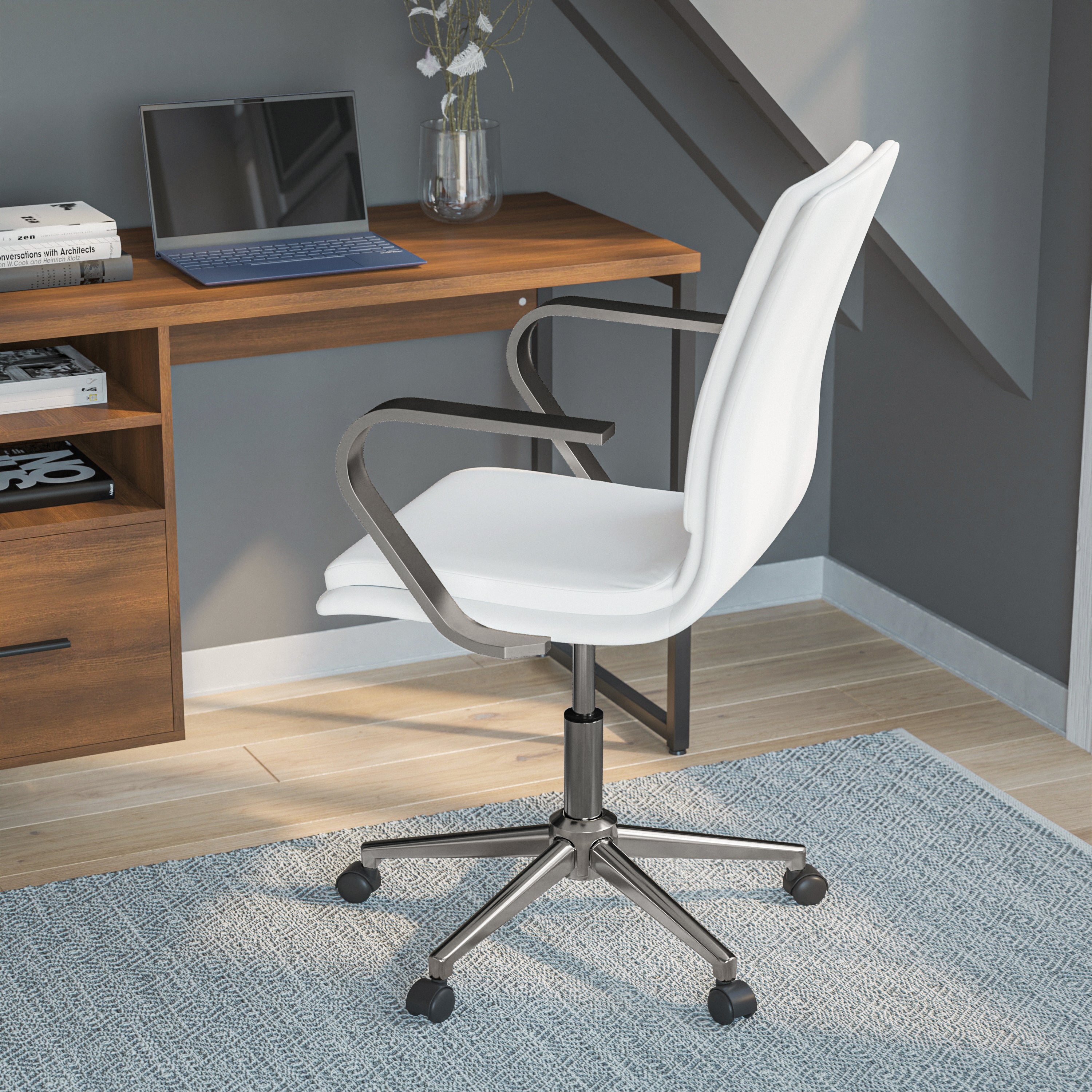 James Mid-Back Designer Executive LeatherSoft Office Chair with Brushed Chrome Base and Arms, White