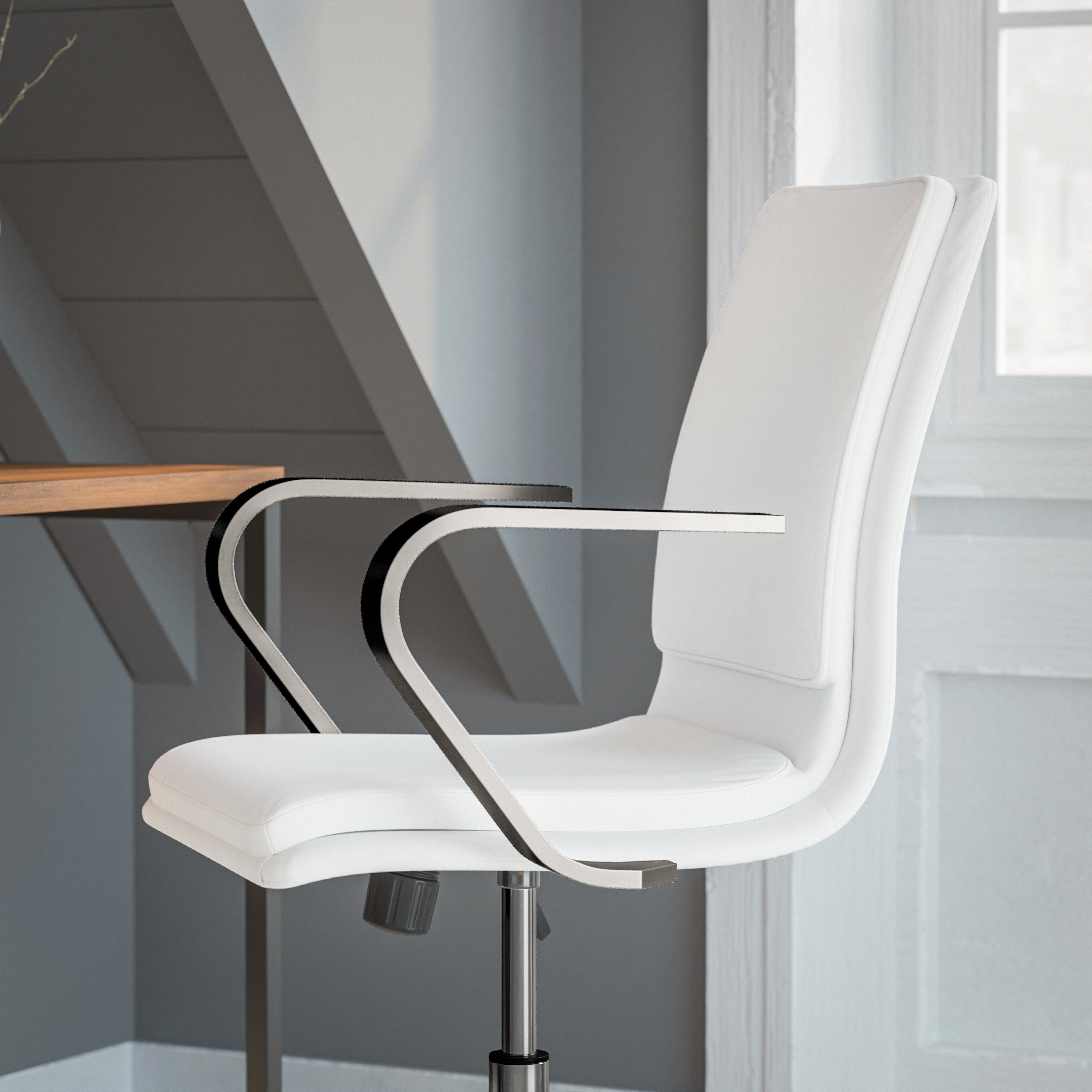 James Mid-Back Designer Executive LeatherSoft Office Chair with Brushed Chrome Base and Arms, White