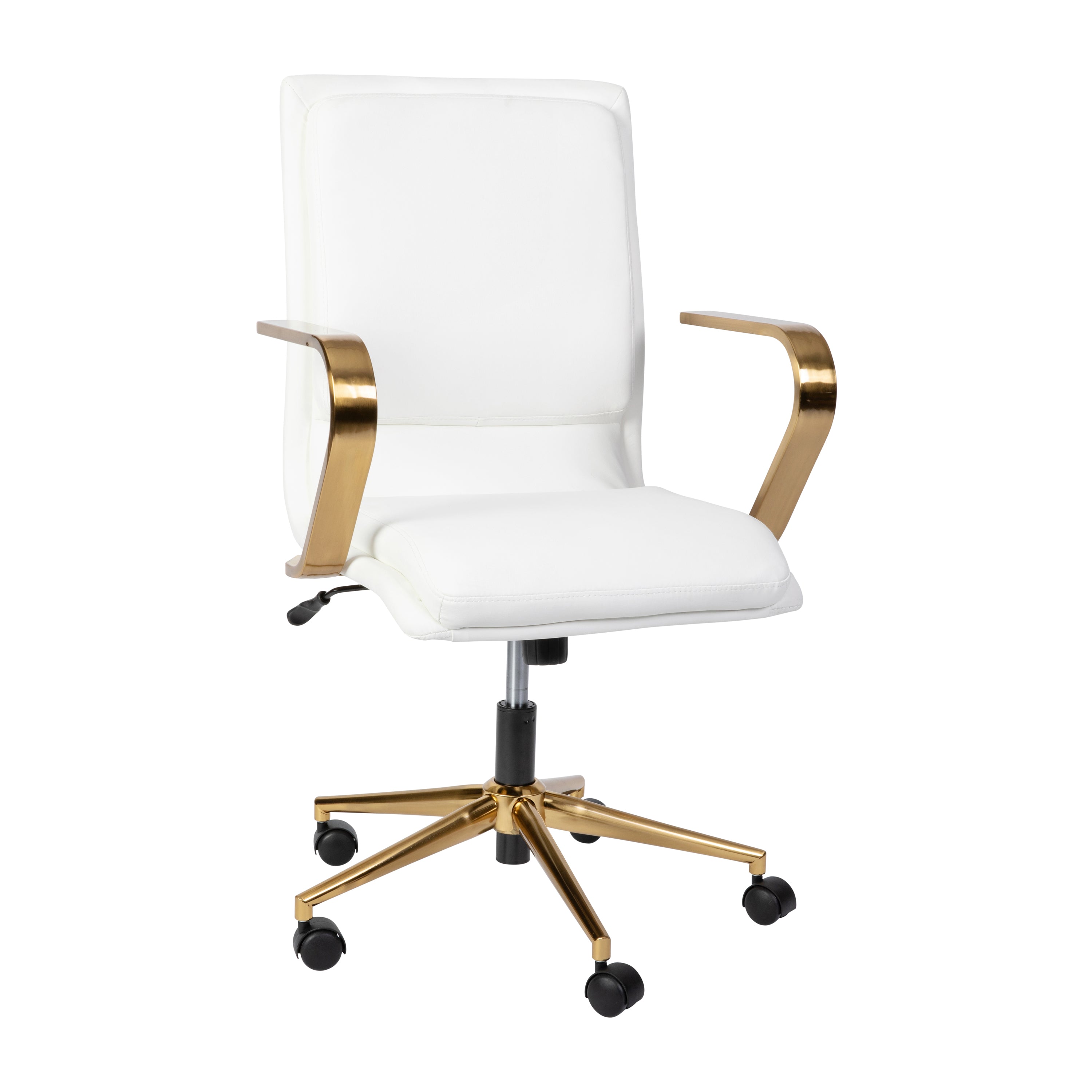 James Mid-Back Designer Executive LeatherSoft Office Chair with Brushed Gold Base and Arms, White