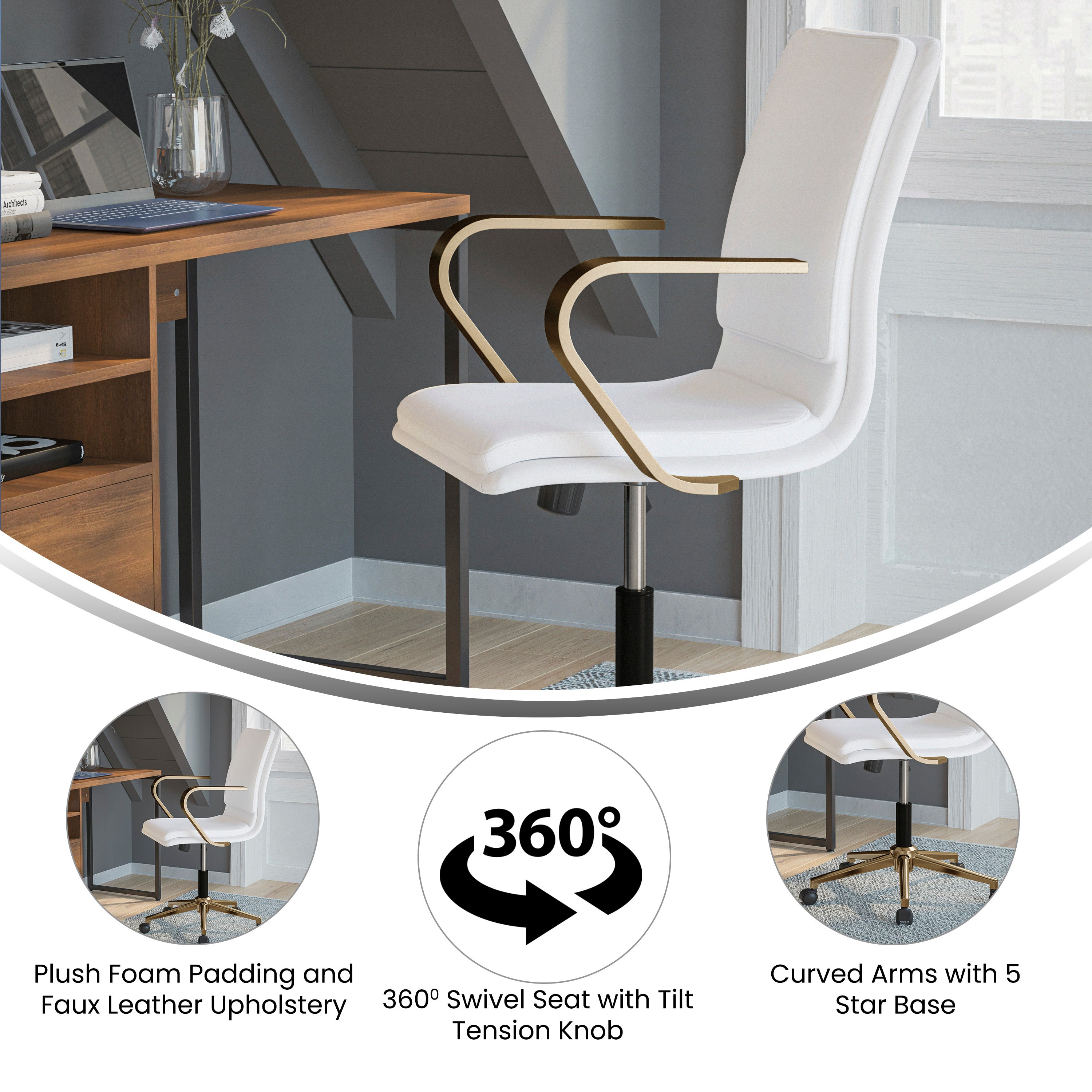 James Mid-Back Designer Executive LeatherSoft Office Chair with Brushed Gold Base and Arms, White