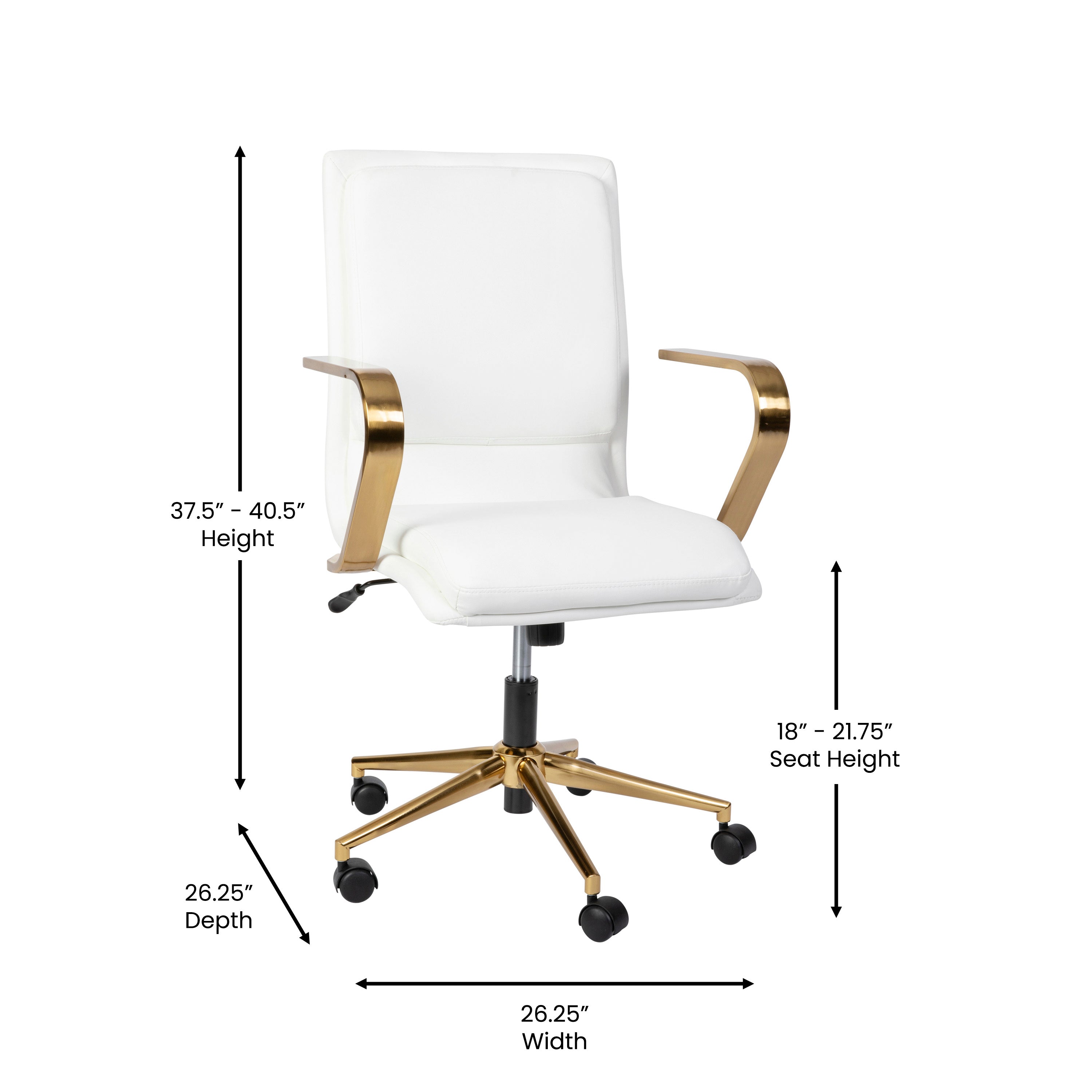 James Mid-Back Designer Executive LeatherSoft Office Chair with Brushed Gold Base and Arms, White