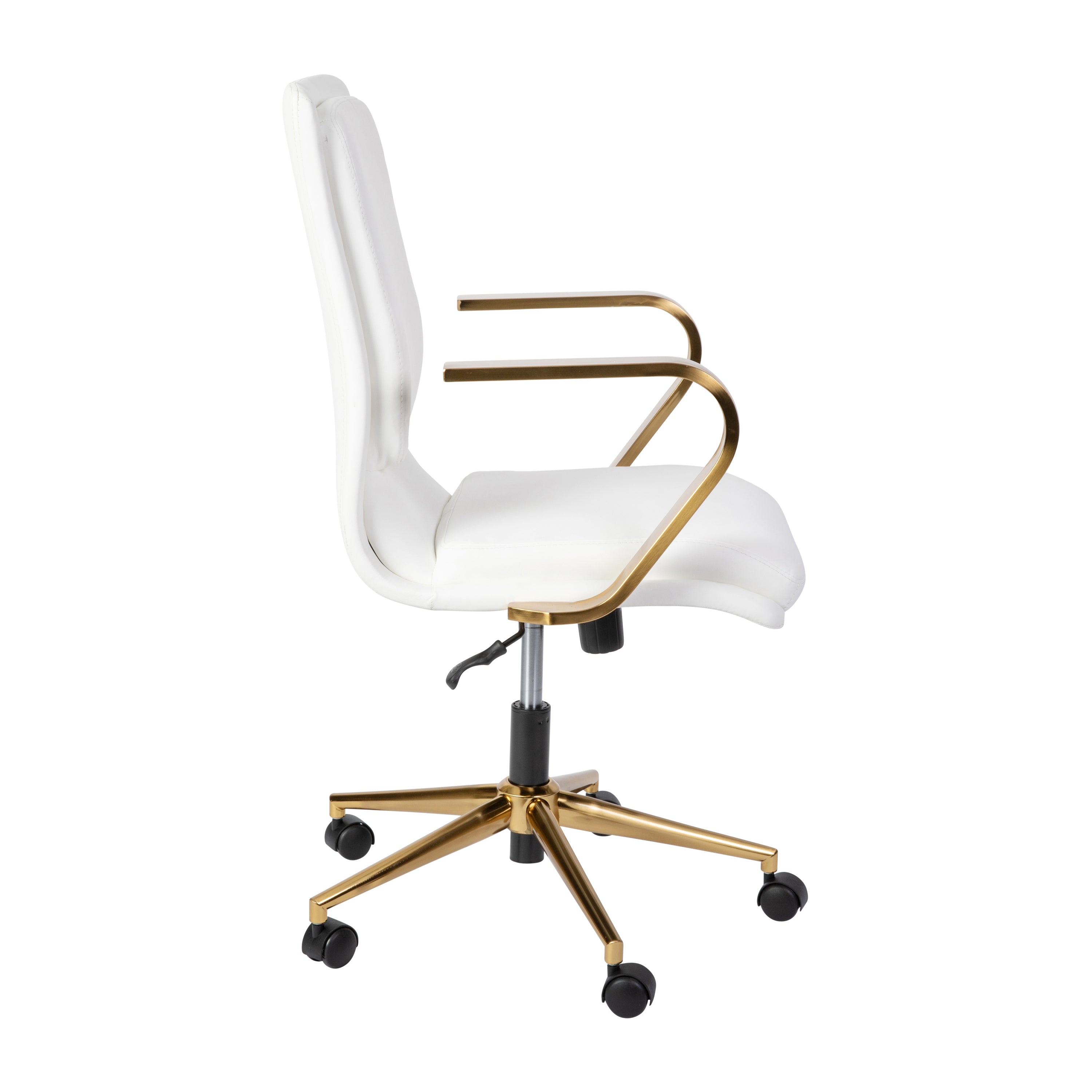James Mid-Back Designer Executive LeatherSoft Office Chair with Brushed Gold Base and Arms, White