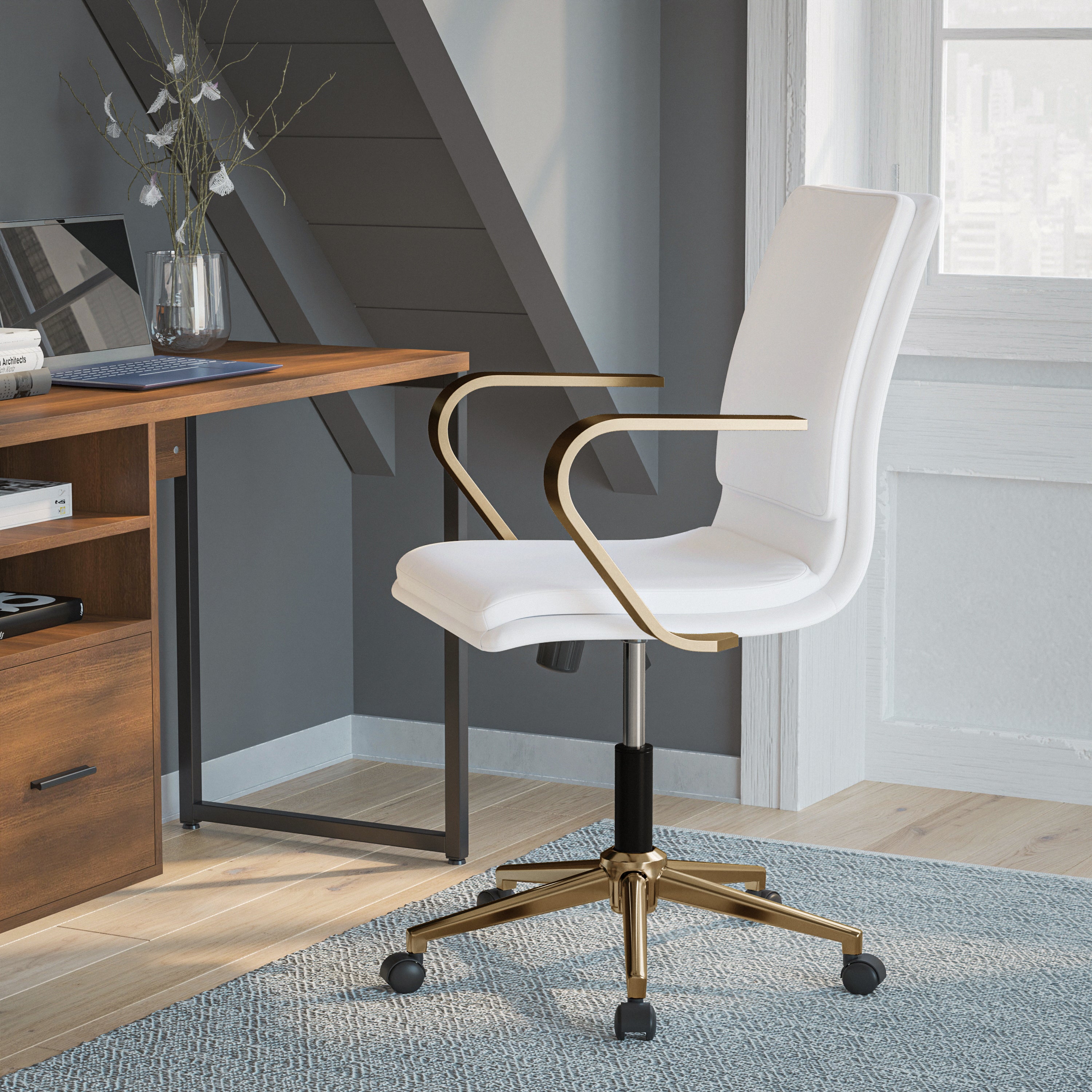 James Mid-Back Designer Executive LeatherSoft Office Chair with Brushed Gold Base and Arms, White