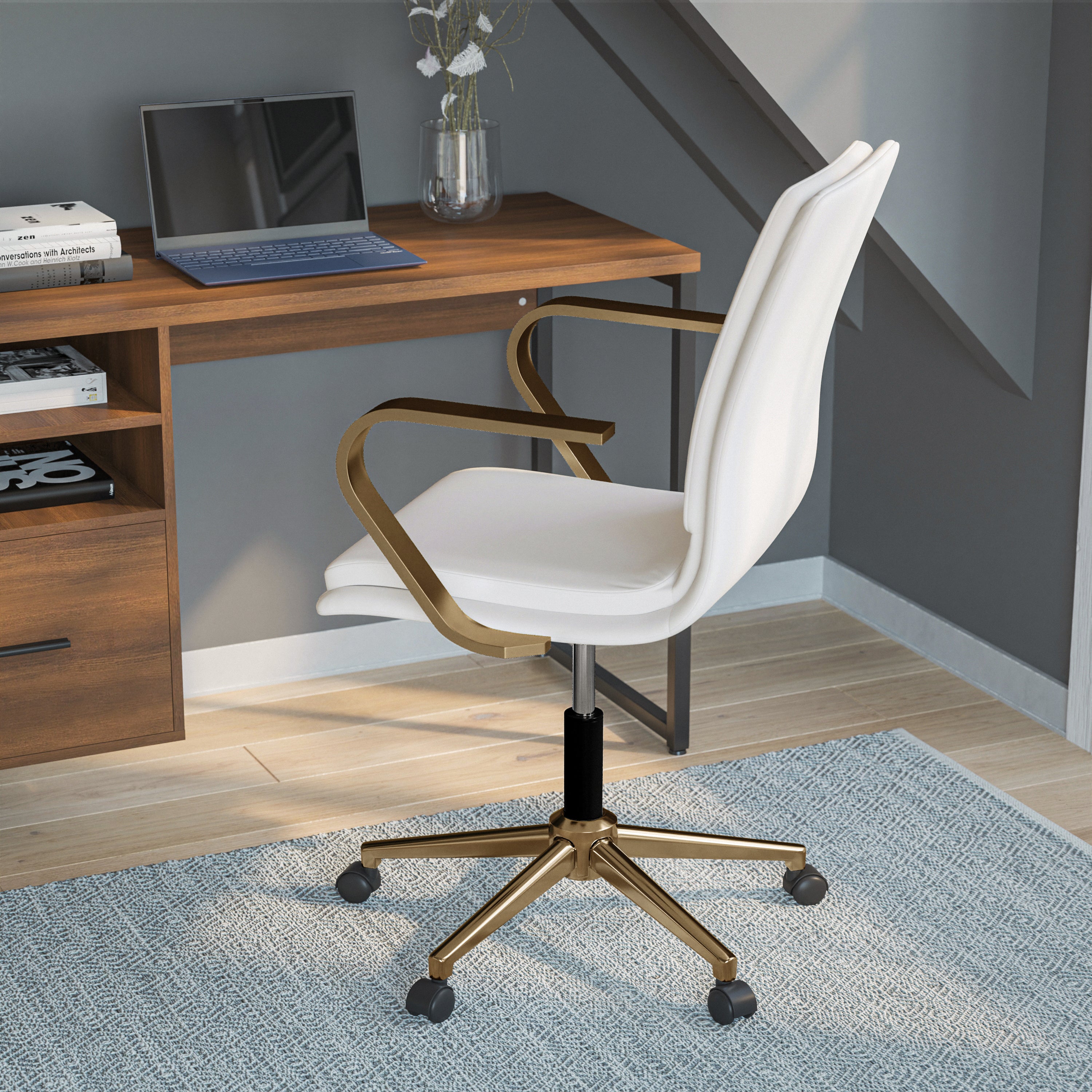 James Mid-Back Designer Executive LeatherSoft Office Chair with Brushed Gold Base and Arms, White