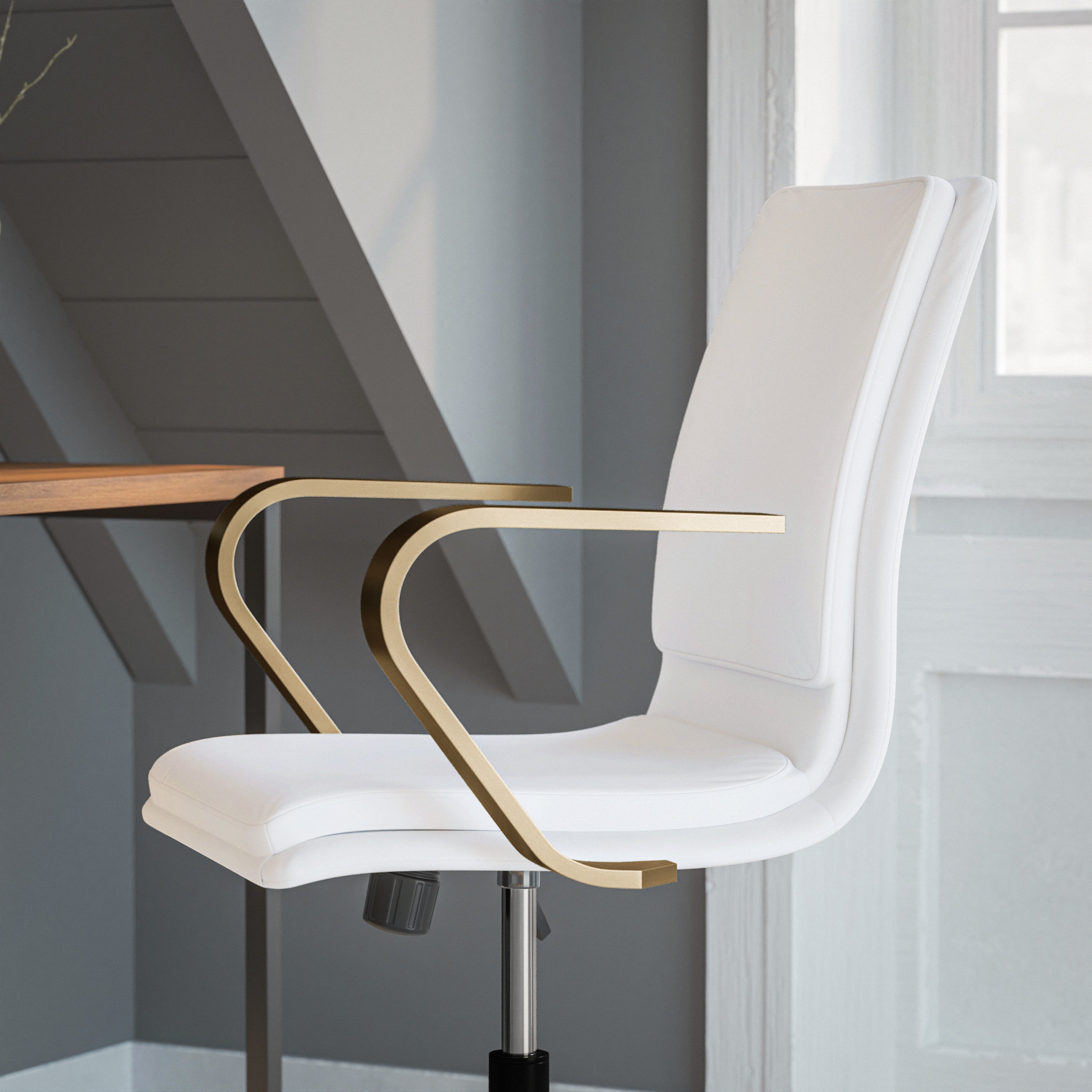 James Mid-Back Designer Executive LeatherSoft Office Chair with Brushed Gold Base and Arms, White