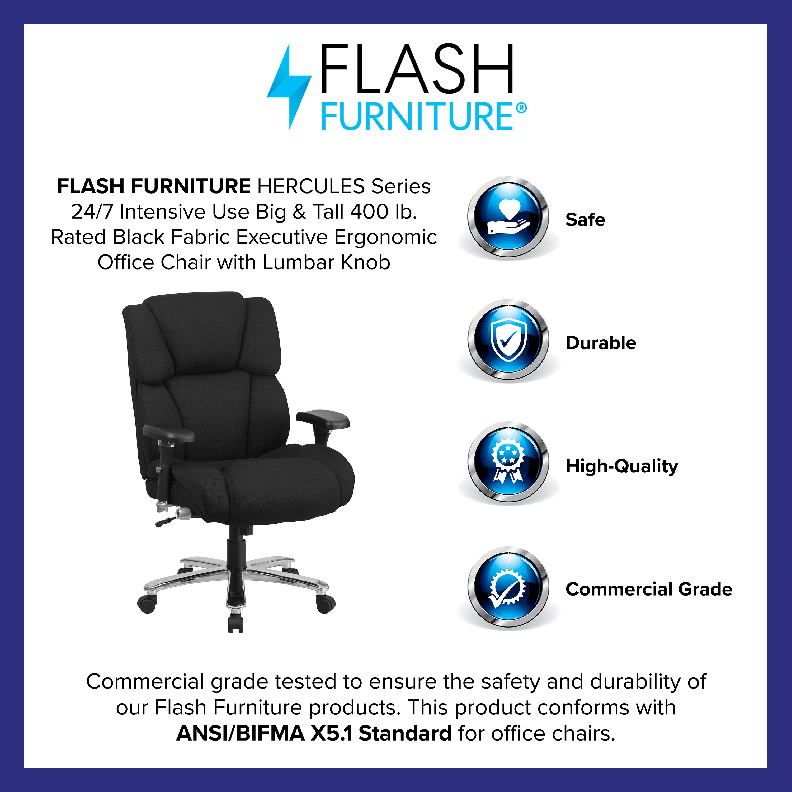 HERCULES Series 24/7 Intensive Use Big & Tall 400 lb. Rated Black Fabric Executive Ergonomic Office Chair with Lumbar Knob