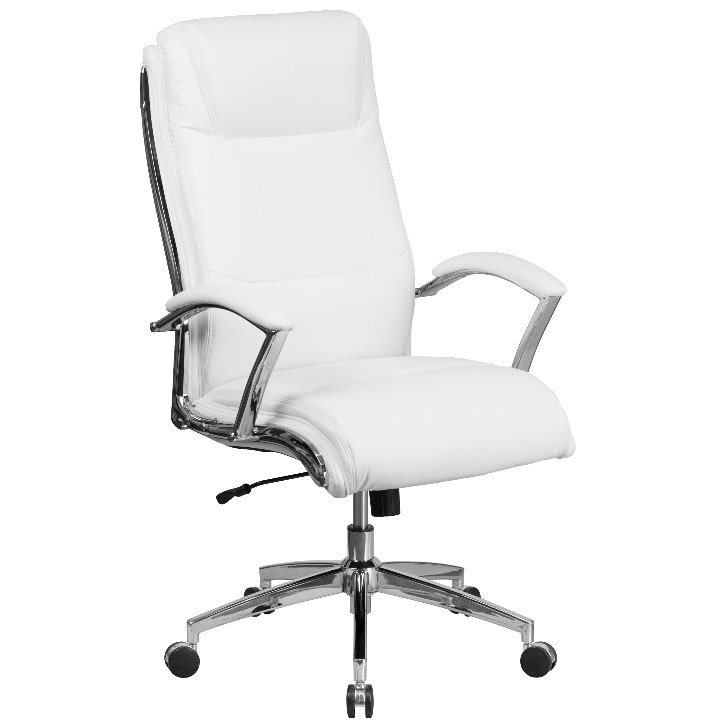 Rebecca High Back Designer White LeatherSoft Smooth Upholstered Executive Swivel Office Chair with Chrome Base and Arms