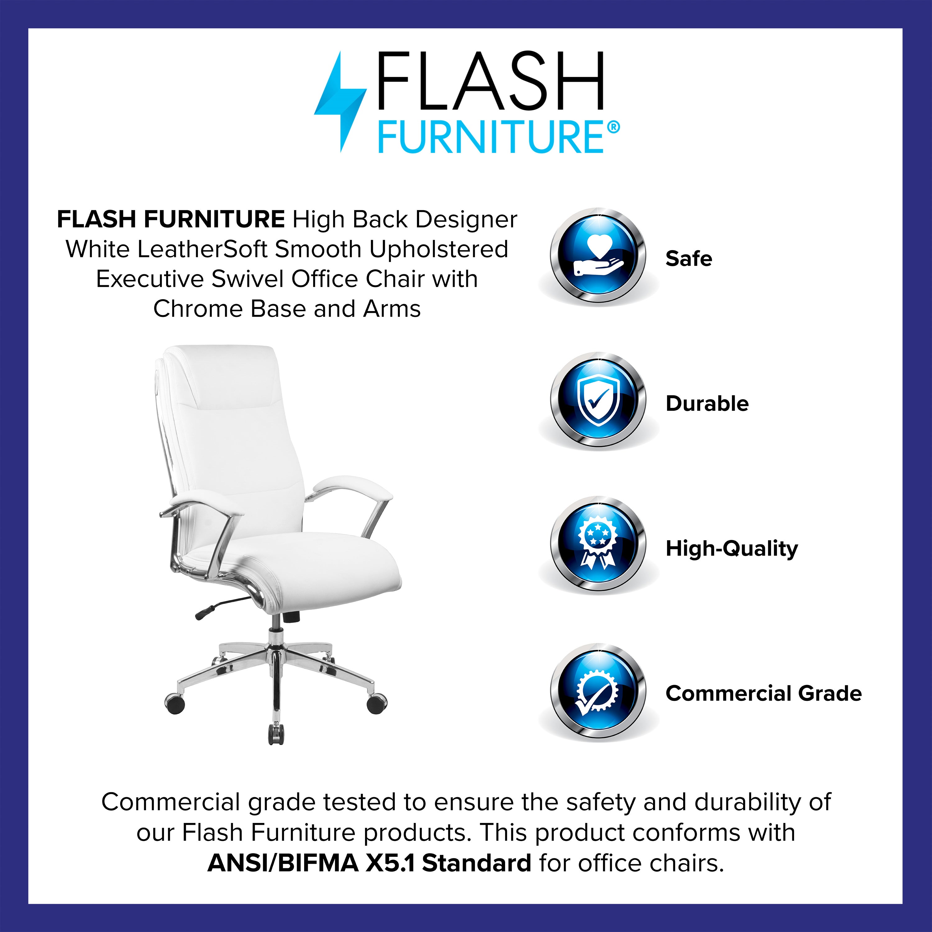 Rebecca High Back Designer White LeatherSoft Smooth Upholstered Executive Swivel Office Chair with Chrome Base and Arms
