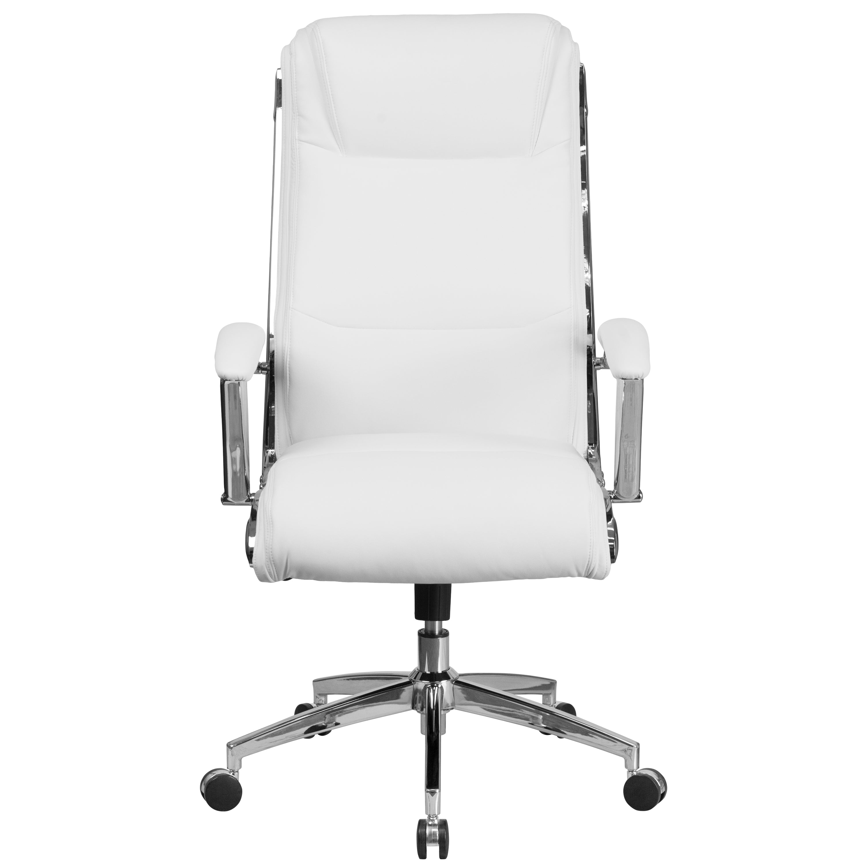 Rebecca High Back Designer White LeatherSoft Smooth Upholstered Executive Swivel Office Chair with Chrome Base and Arms