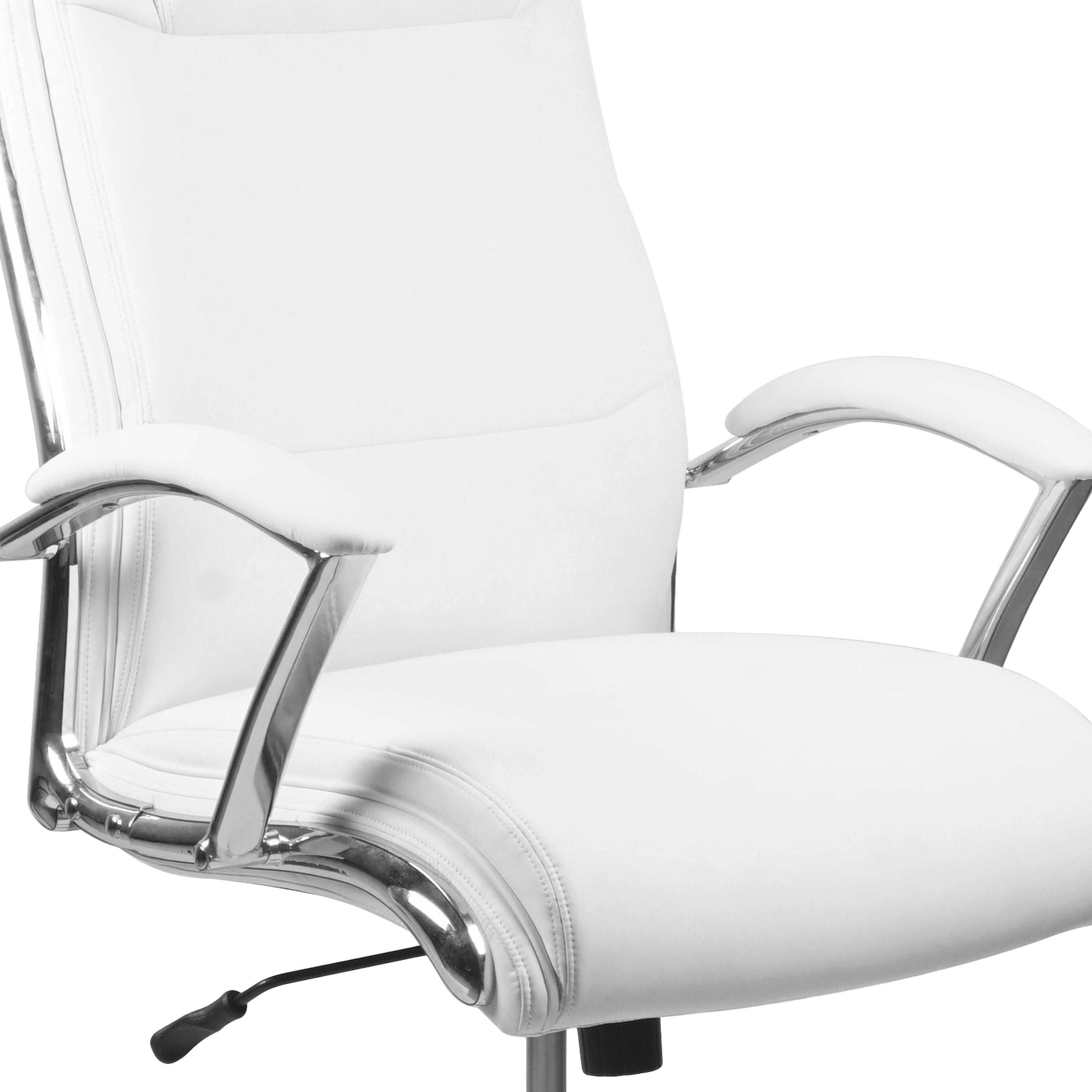 Rebecca High Back Designer White LeatherSoft Smooth Upholstered Executive Swivel Office Chair with Chrome Base and Arms