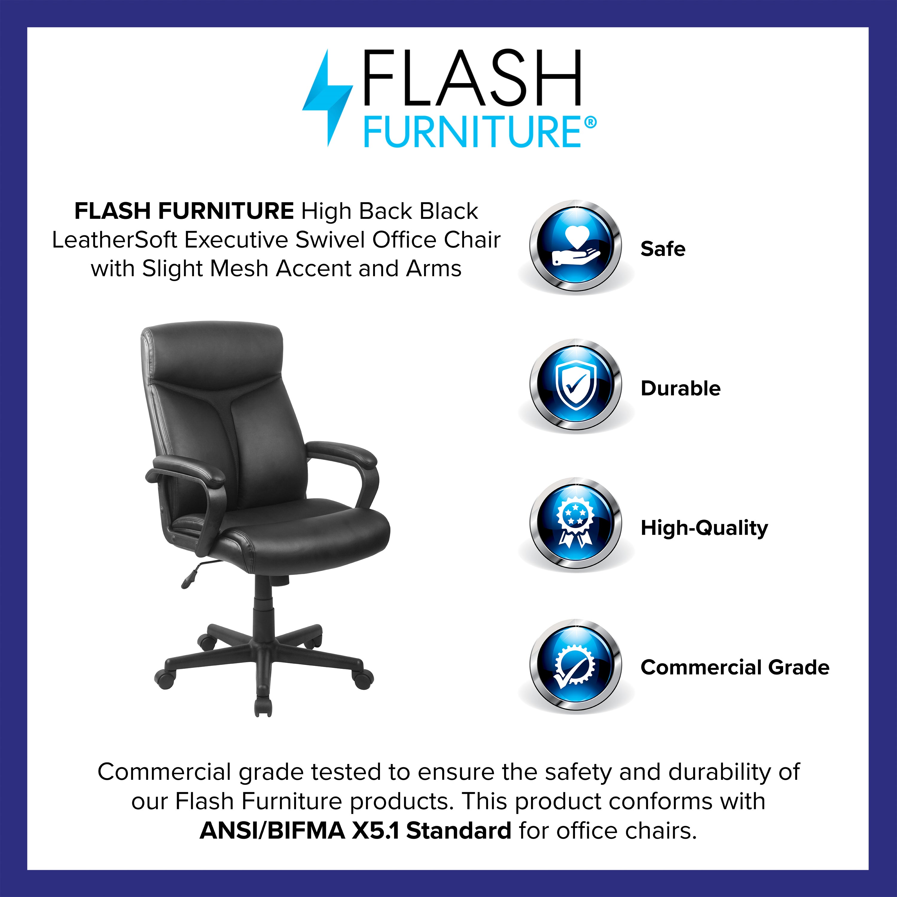 Raya High Back Black LeatherSoft Executive Swivel Office Chair with Slight Mesh Accent and Arms