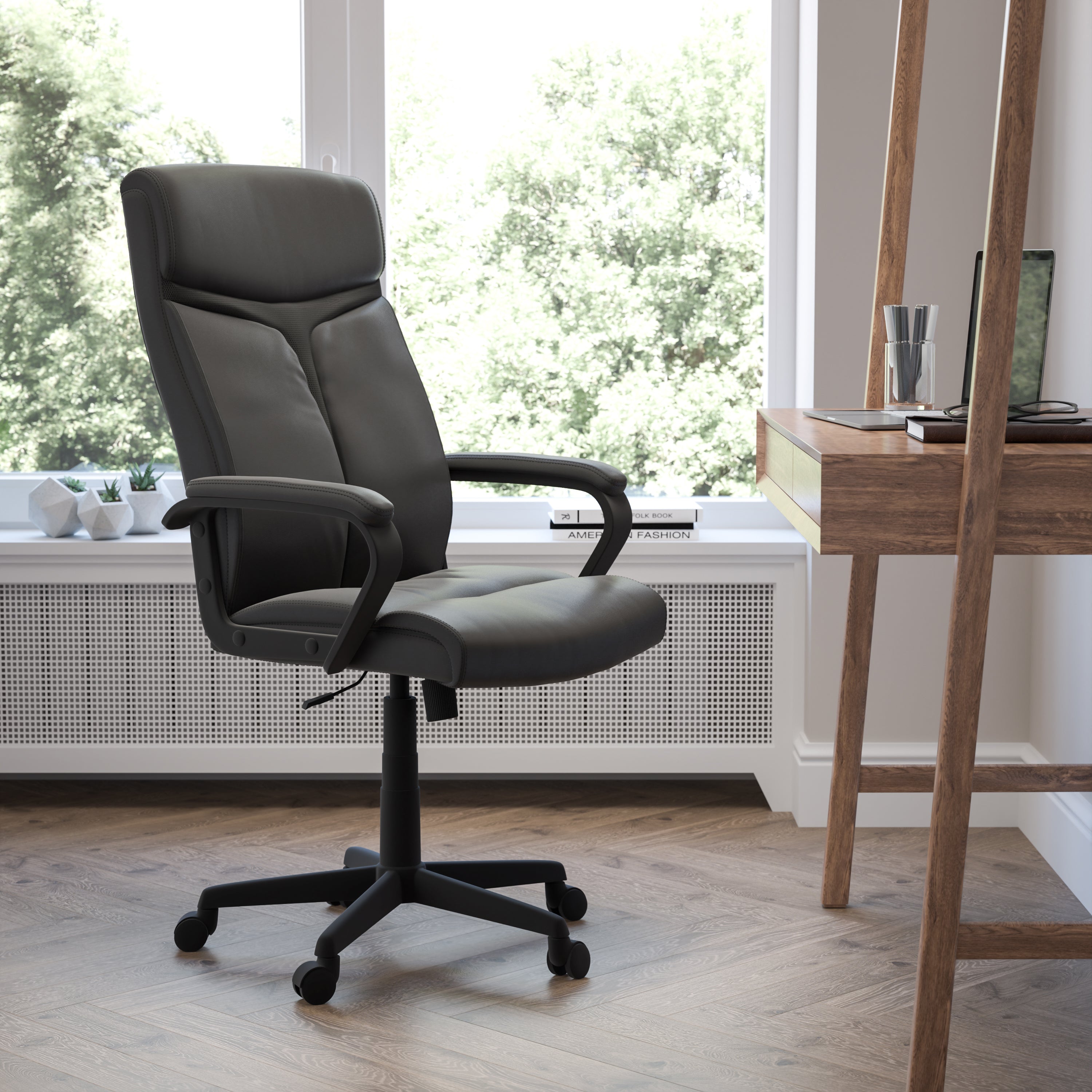 Raya High Back Black LeatherSoft Executive Swivel Office Chair with Slight Mesh Accent and Arms