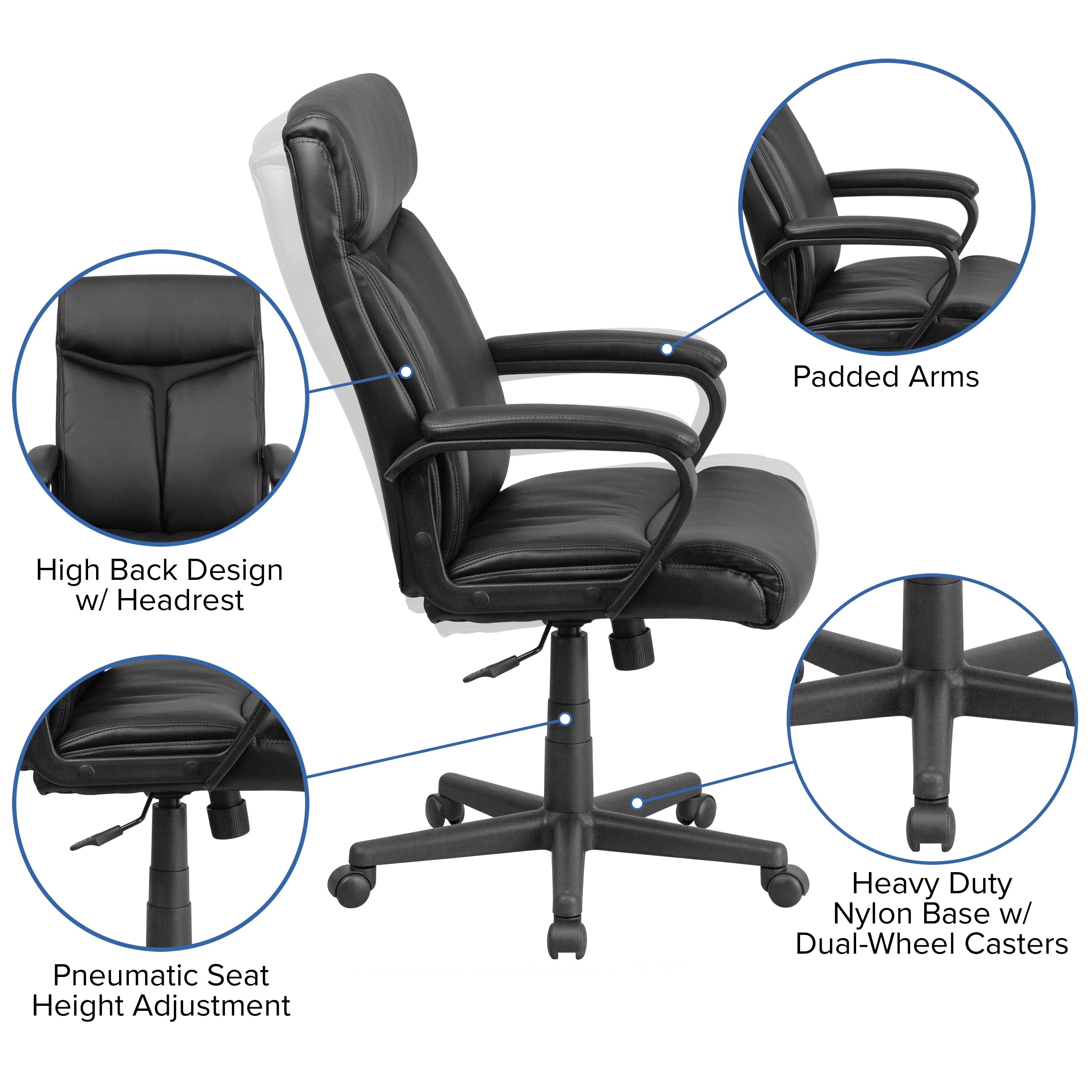 Raya High Back Black LeatherSoft Executive Swivel Office Chair with Slight Mesh Accent and Arms