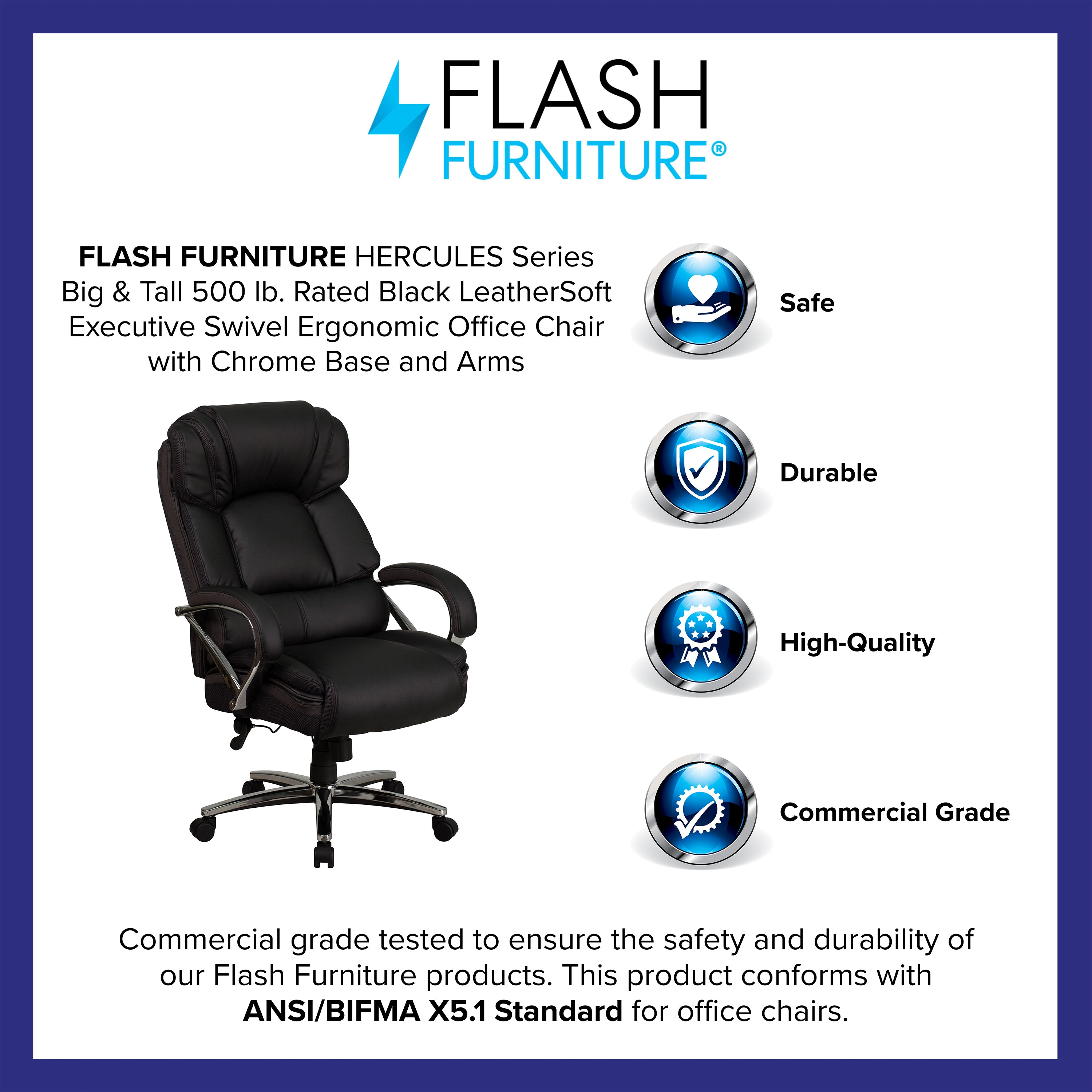 HERCULES Series Big & Tall 500 lb. Rated Black LeatherSoft Executive Swivel Ergonomic Office Chair with Chrome Base and Arms