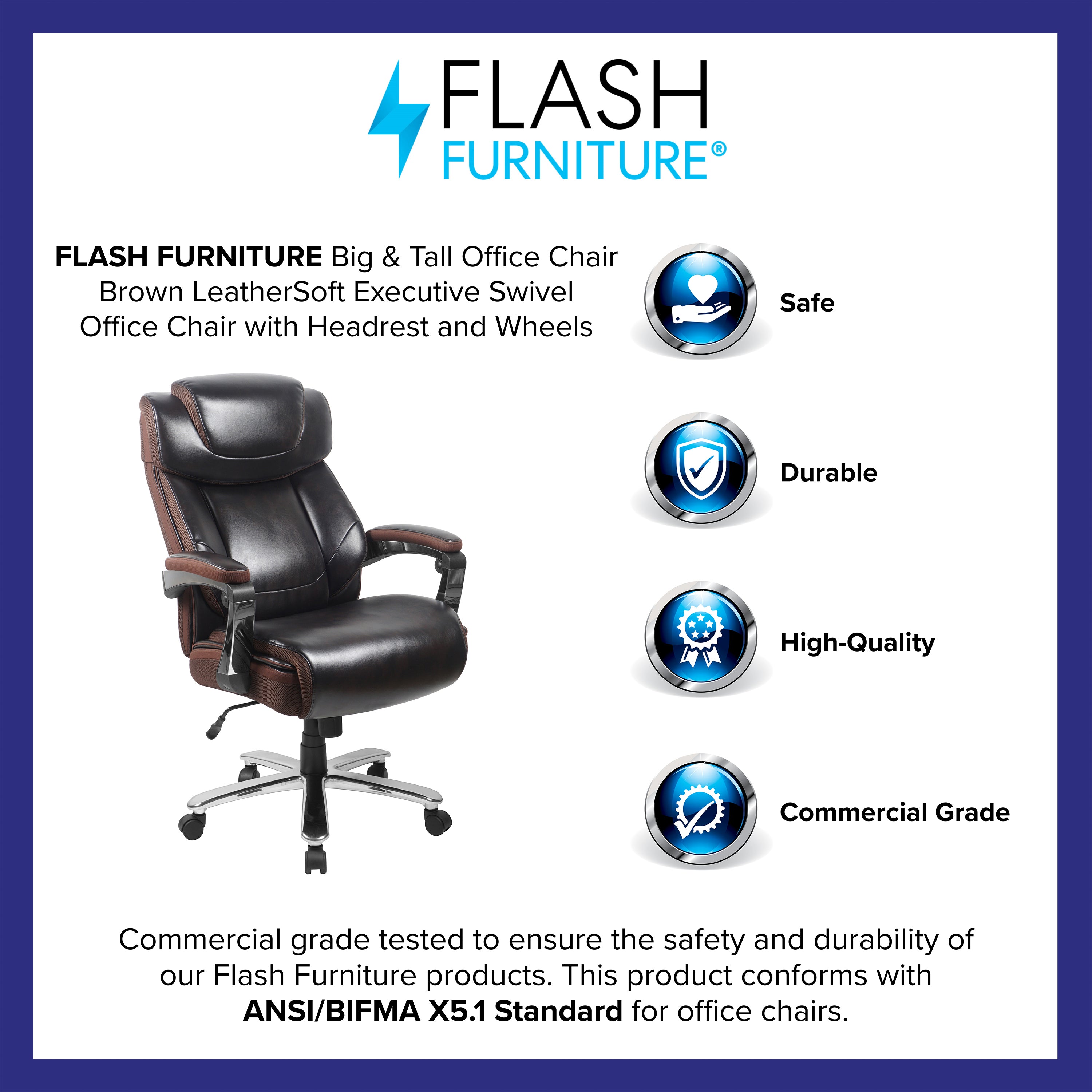 Big & Tall Office Chair | Brown LeatherSoft Executive Swivel Office Chair with Headrest and Wheels