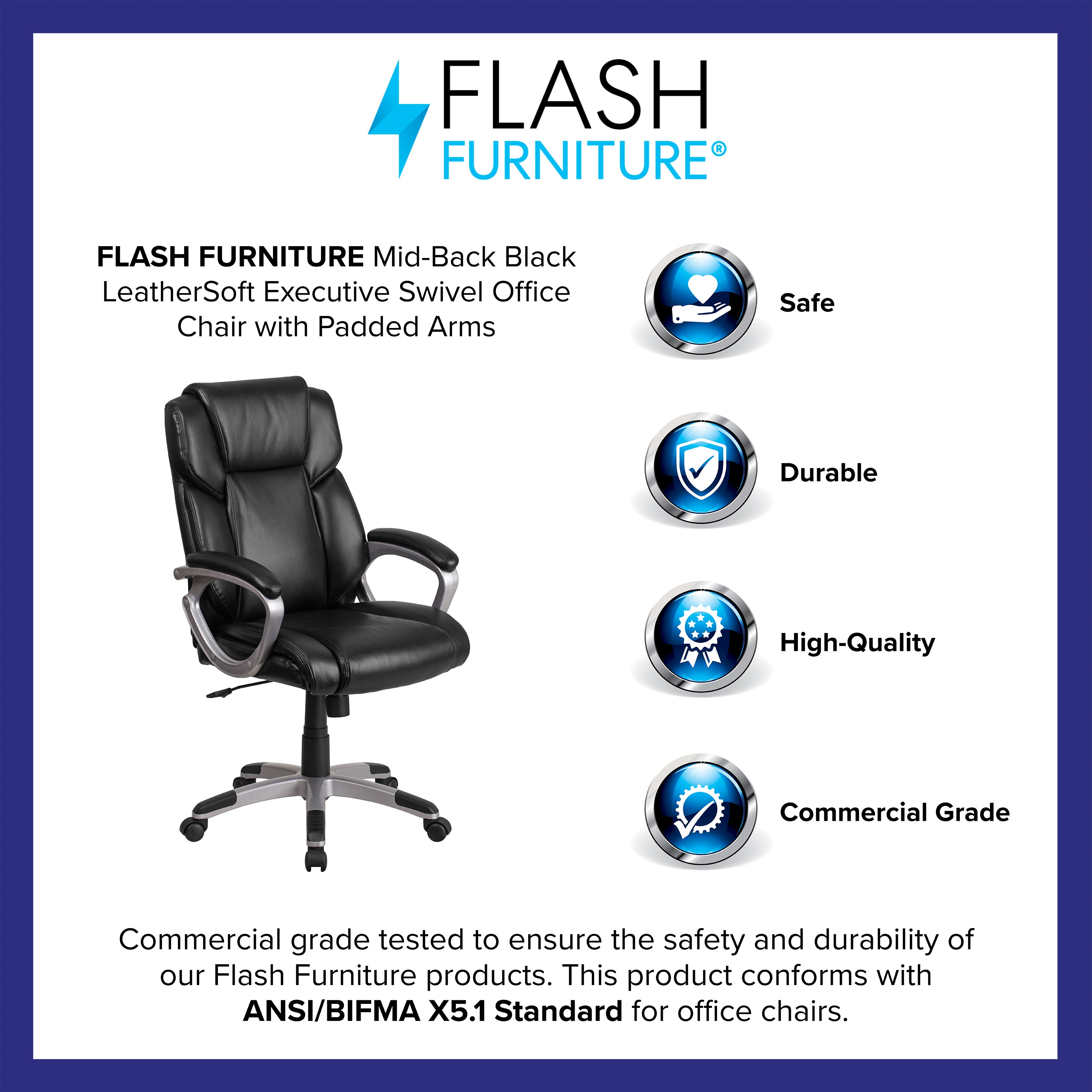 Carolyn Mid-Back Black LeatherSoft Executive Swivel Office Chair with Padded Arms