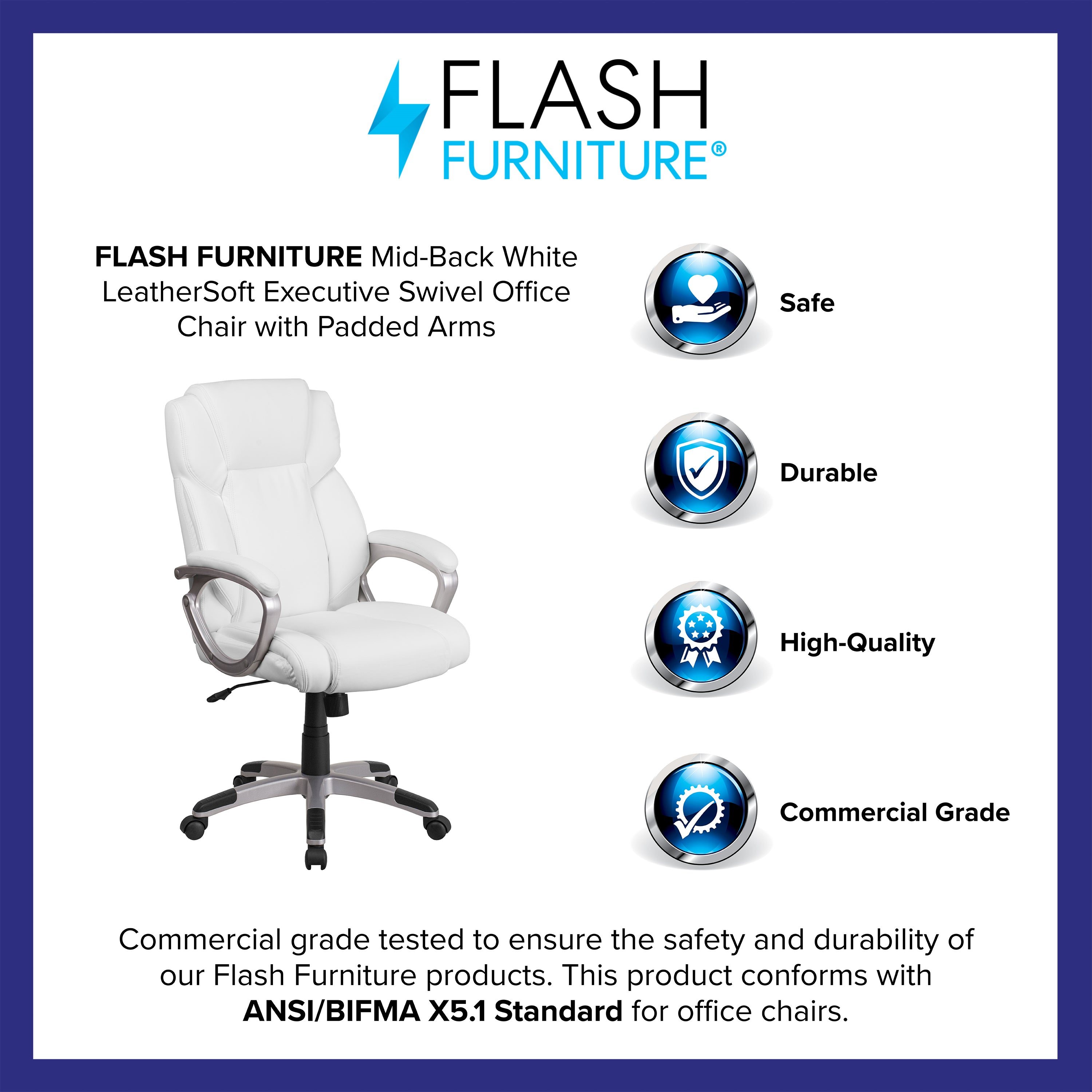 Carolyn Mid-Back White LeatherSoft Executive Swivel Office Chair with Padded Arms
