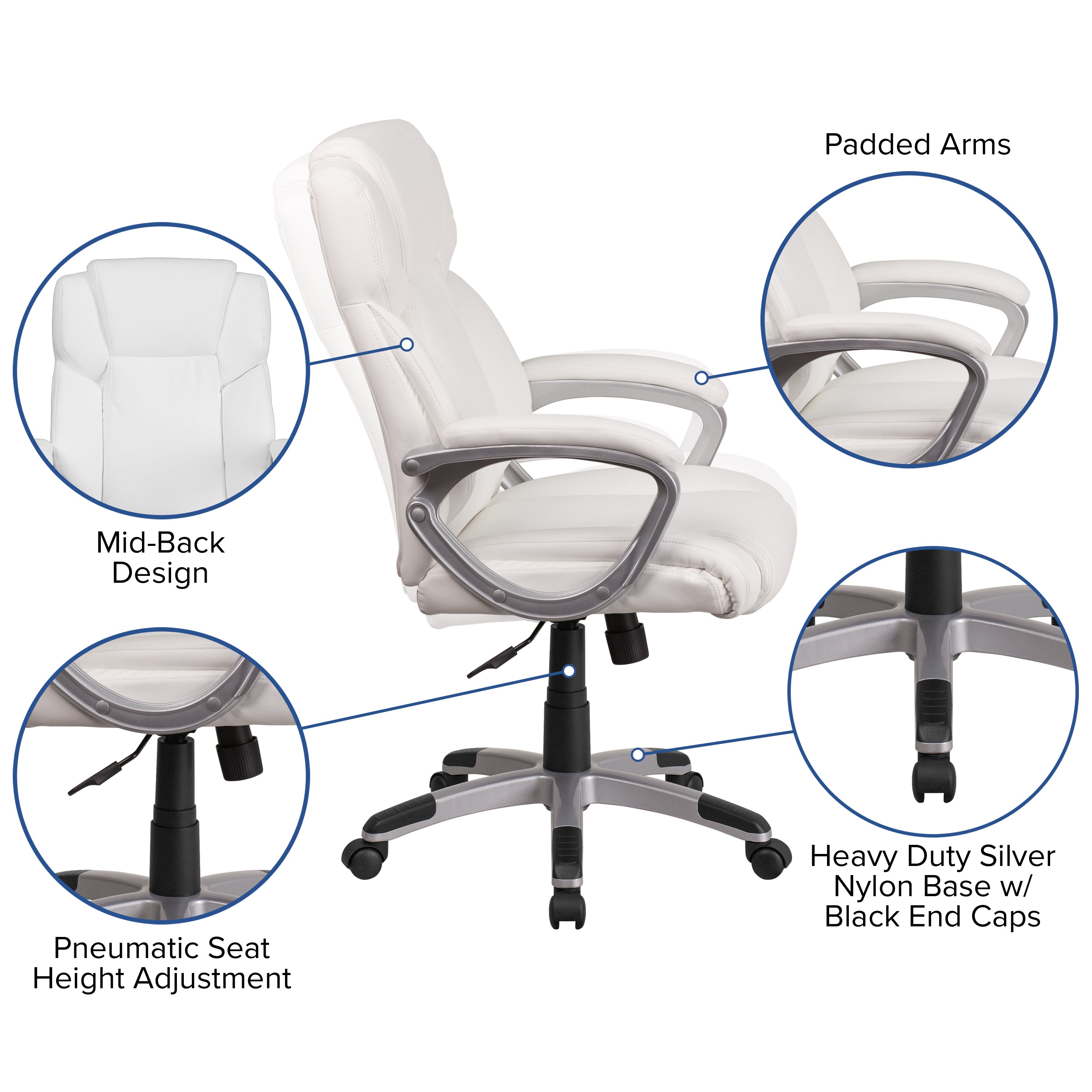 Carolyn Mid-Back White LeatherSoft Executive Swivel Office Chair with Padded Arms