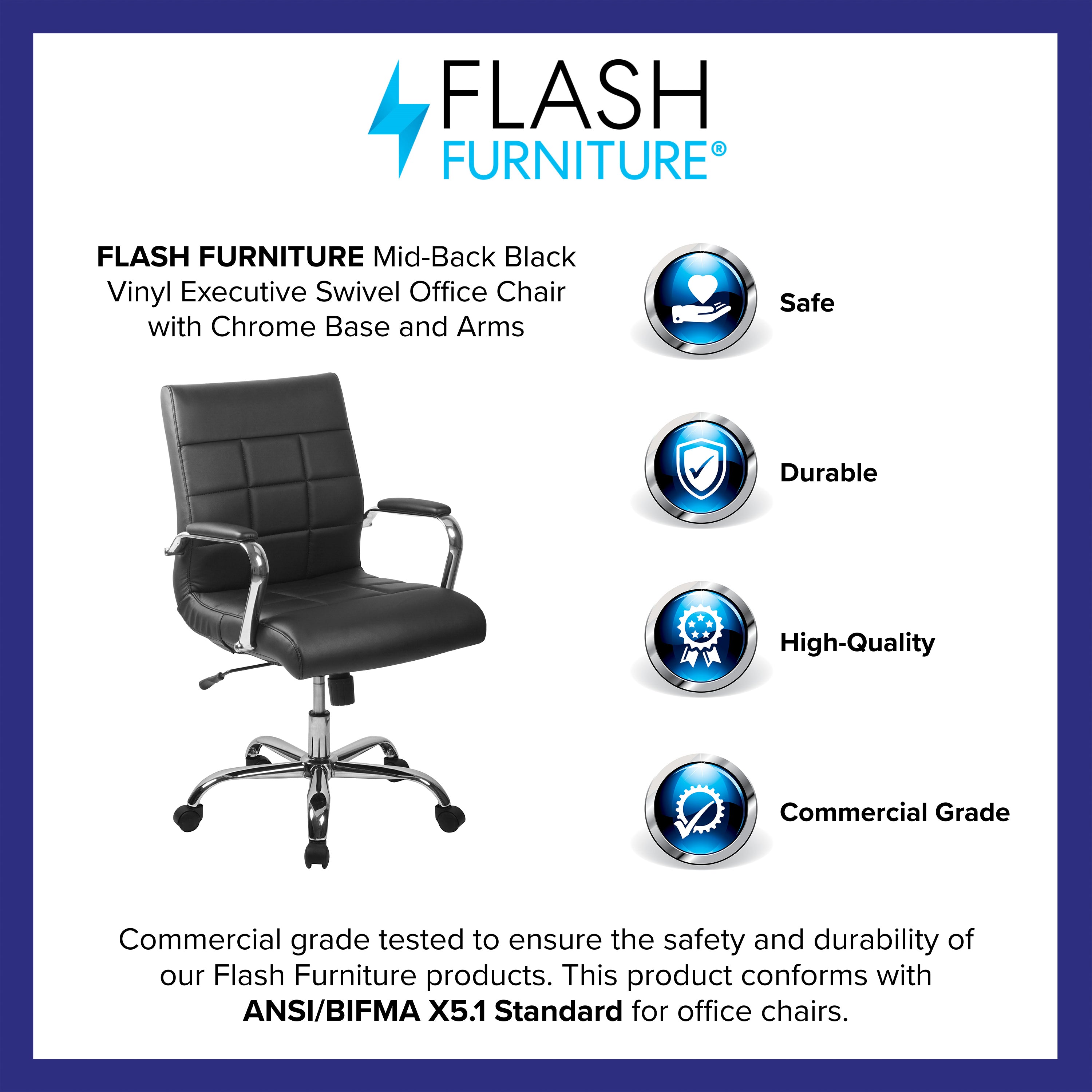Vivian Mid-Back Black Vinyl Executive Swivel Office Chair with Chrome Base and Arms