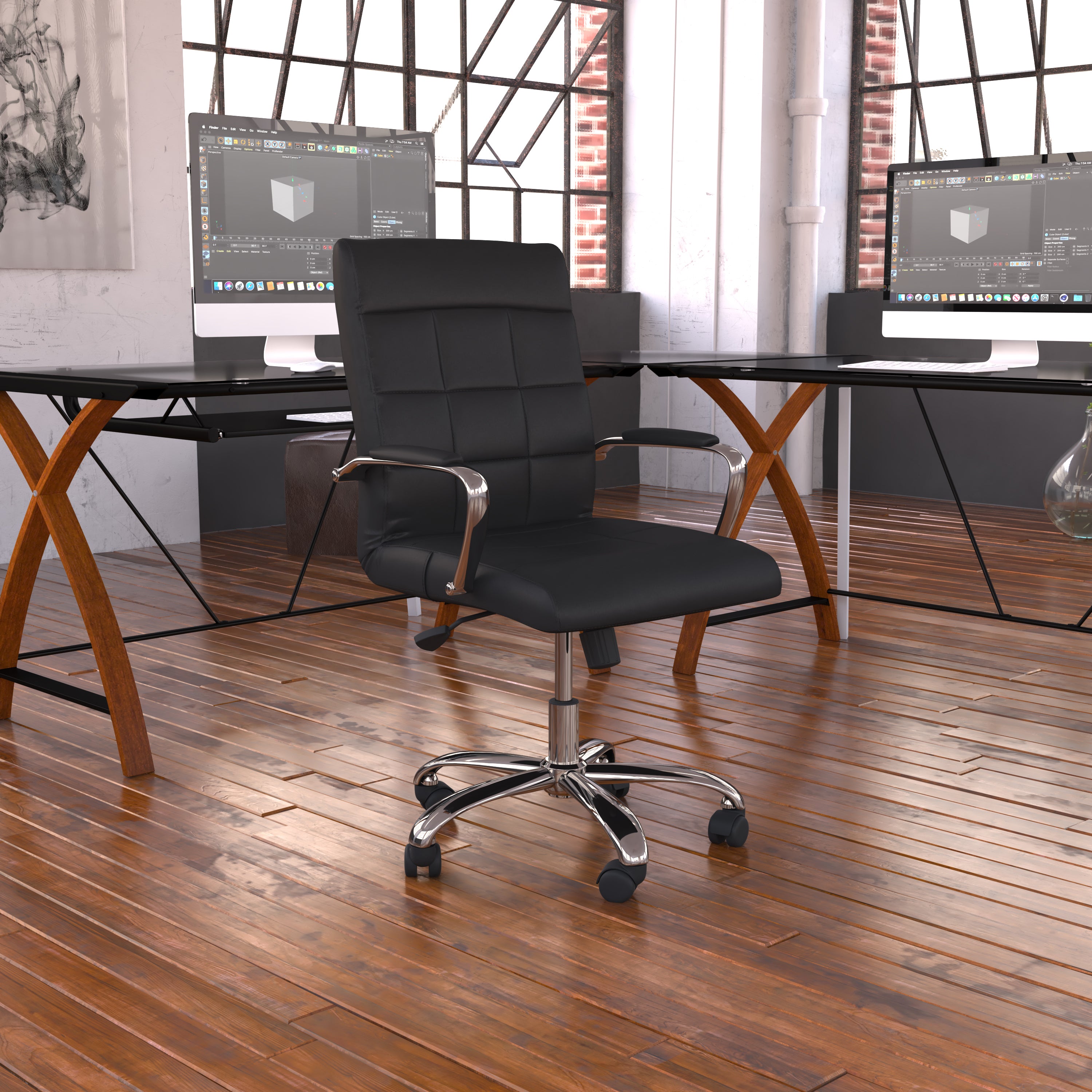 Vivian Mid-Back Black Vinyl Executive Swivel Office Chair with Chrome Base and Arms