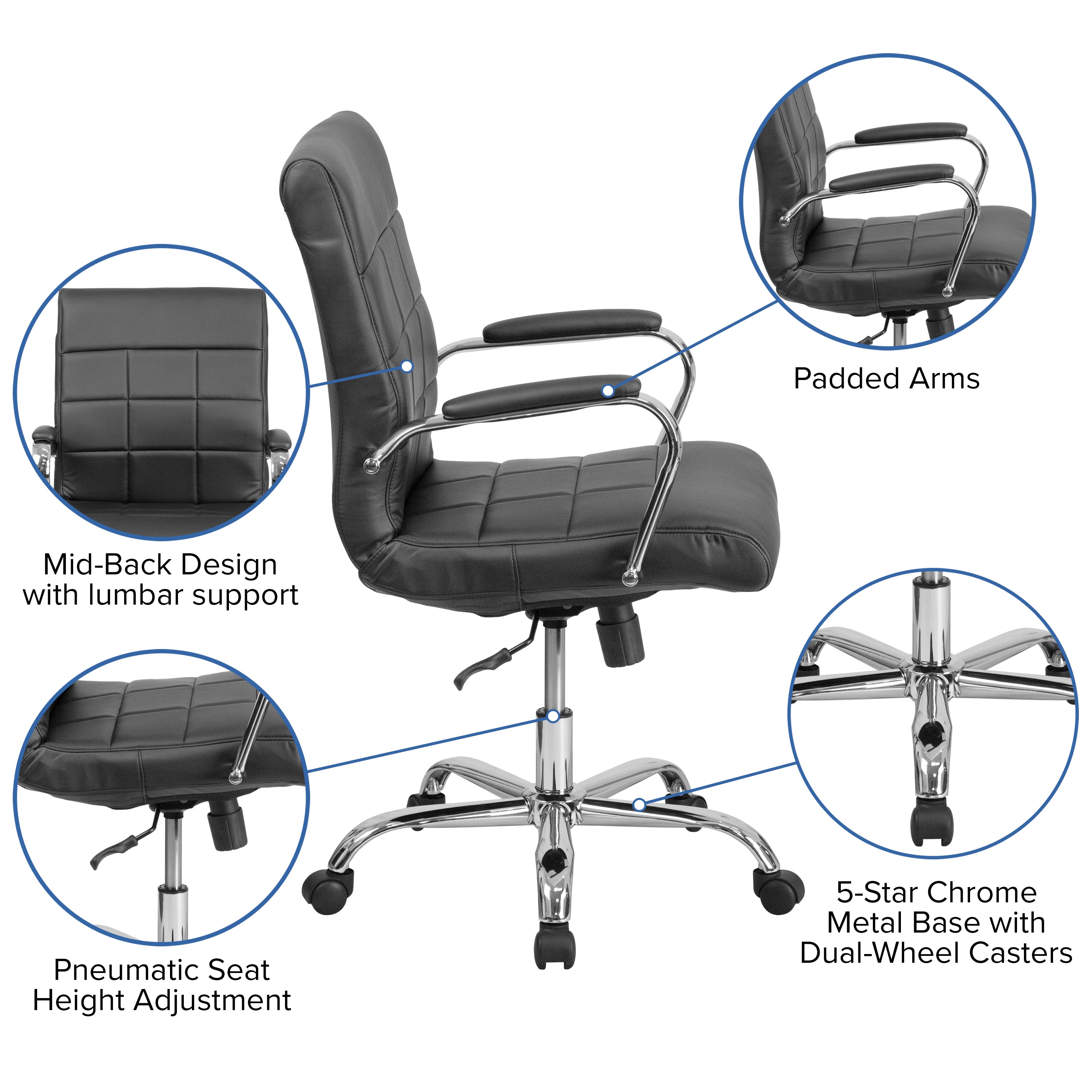 Vivian Mid-Back Black Vinyl Executive Swivel Office Chair with Chrome Base and Arms
