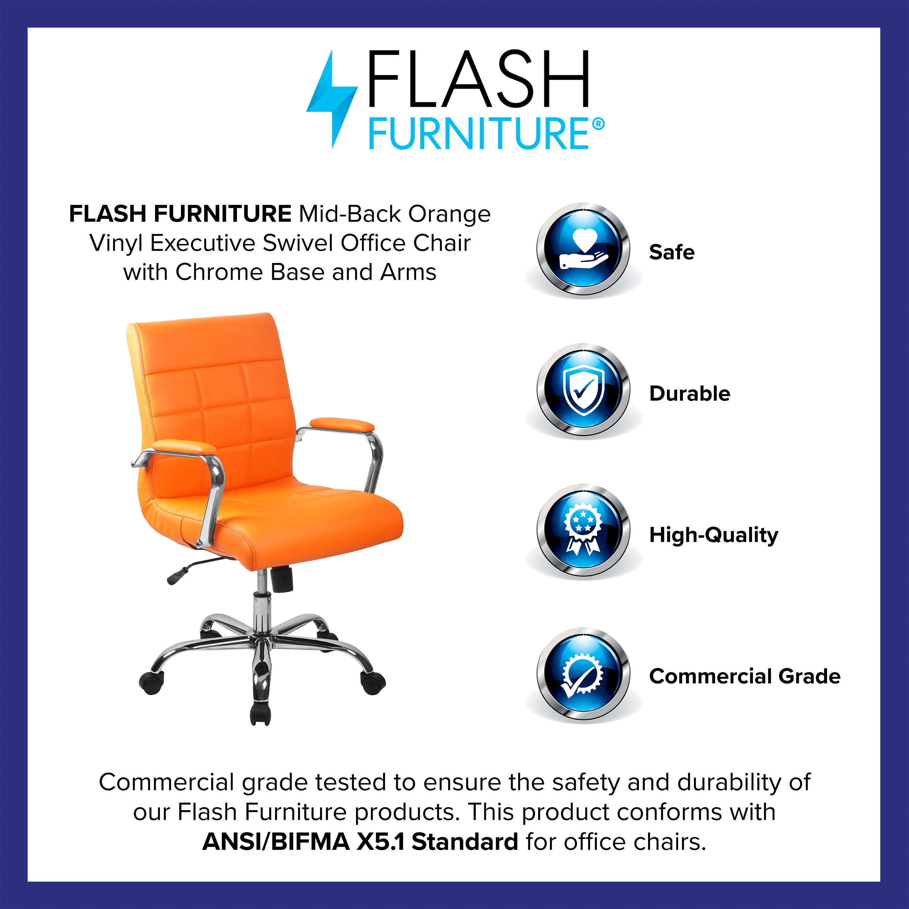 Vivian Mid-Back Orange Vinyl Executive Swivel Office Chair with Chrome Base and Arms
