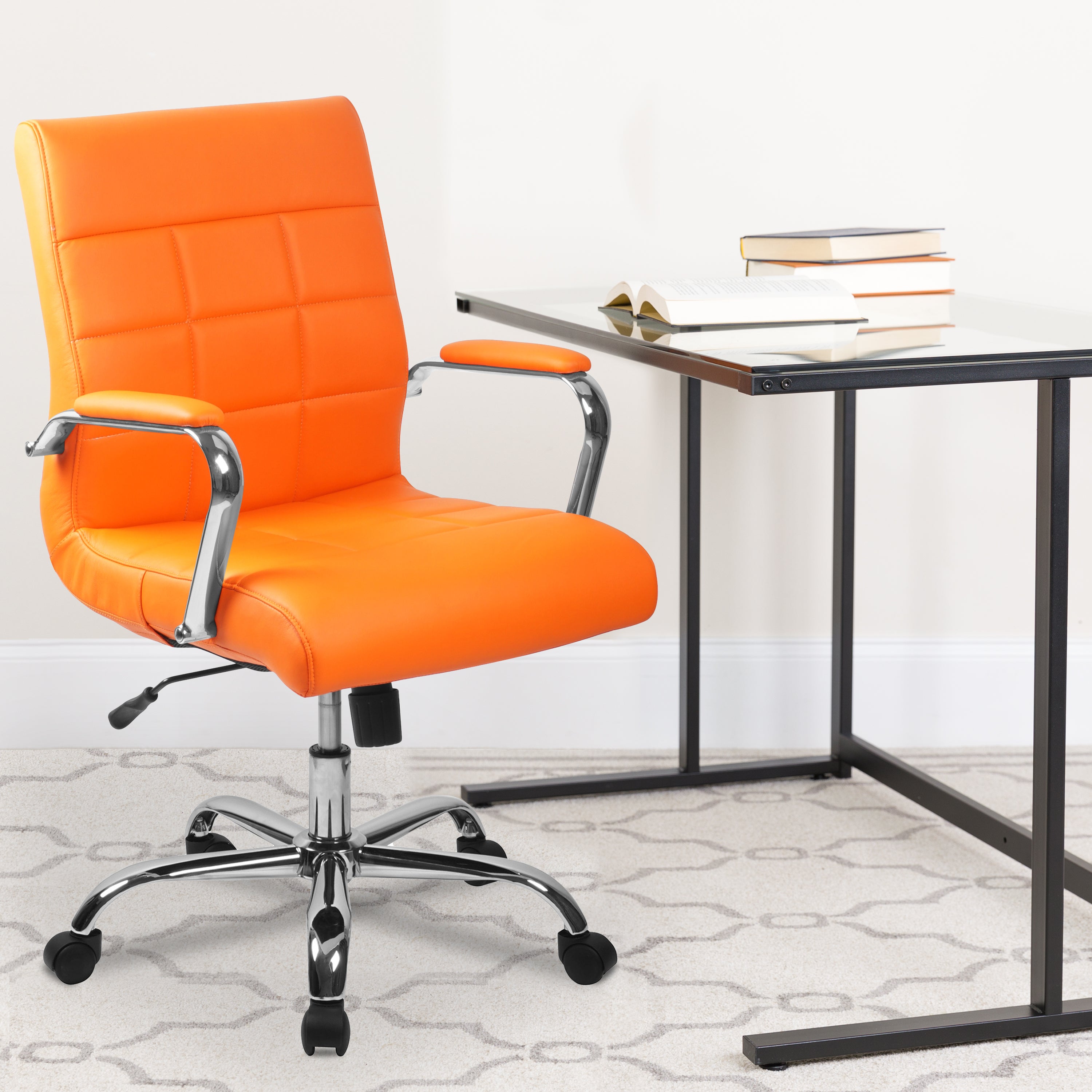 Vivian Mid-Back Orange Vinyl Executive Swivel Office Chair with Chrome Base and Arms