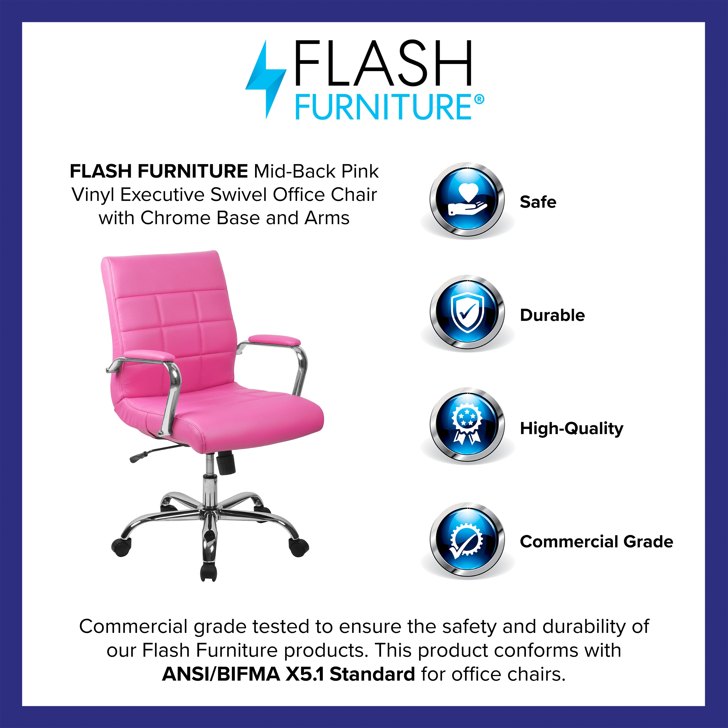 Vivian Mid-Back Pink Vinyl Executive Swivel Office Chair with Chrome Base and Arms