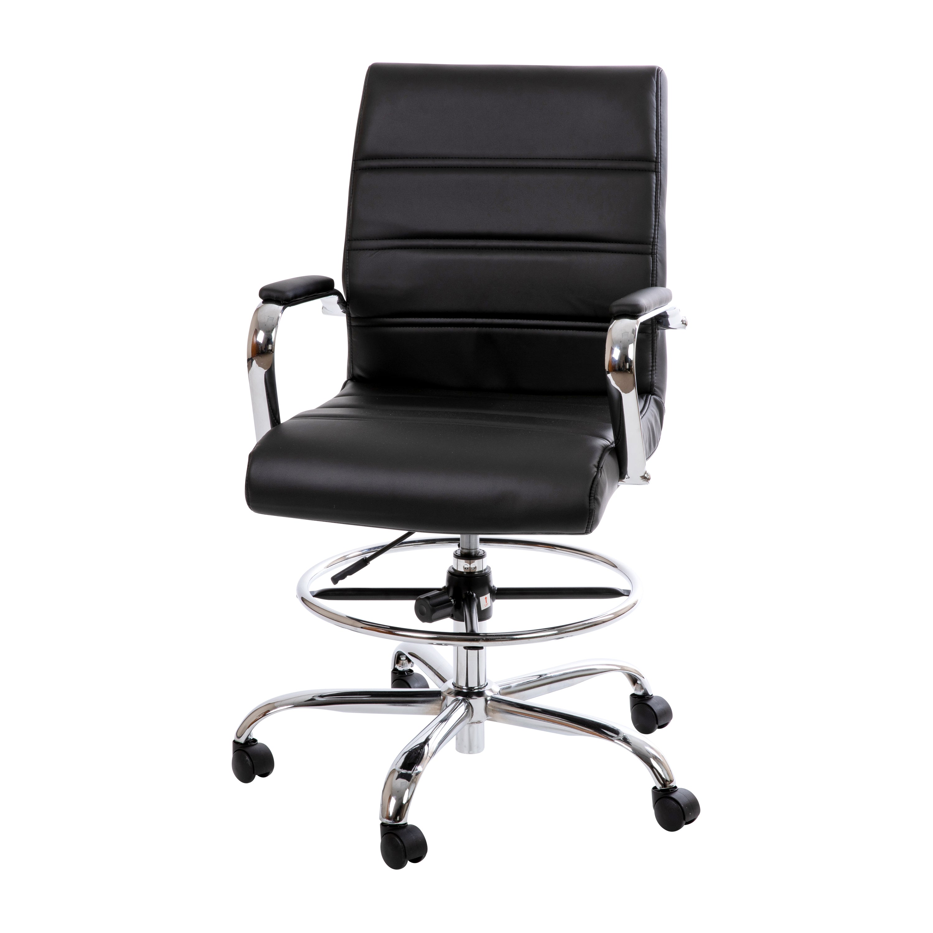 Whitney Mid-Back Black LeatherSoft Drafting Chair with Adjustable Foot Ring and Chrome Base
